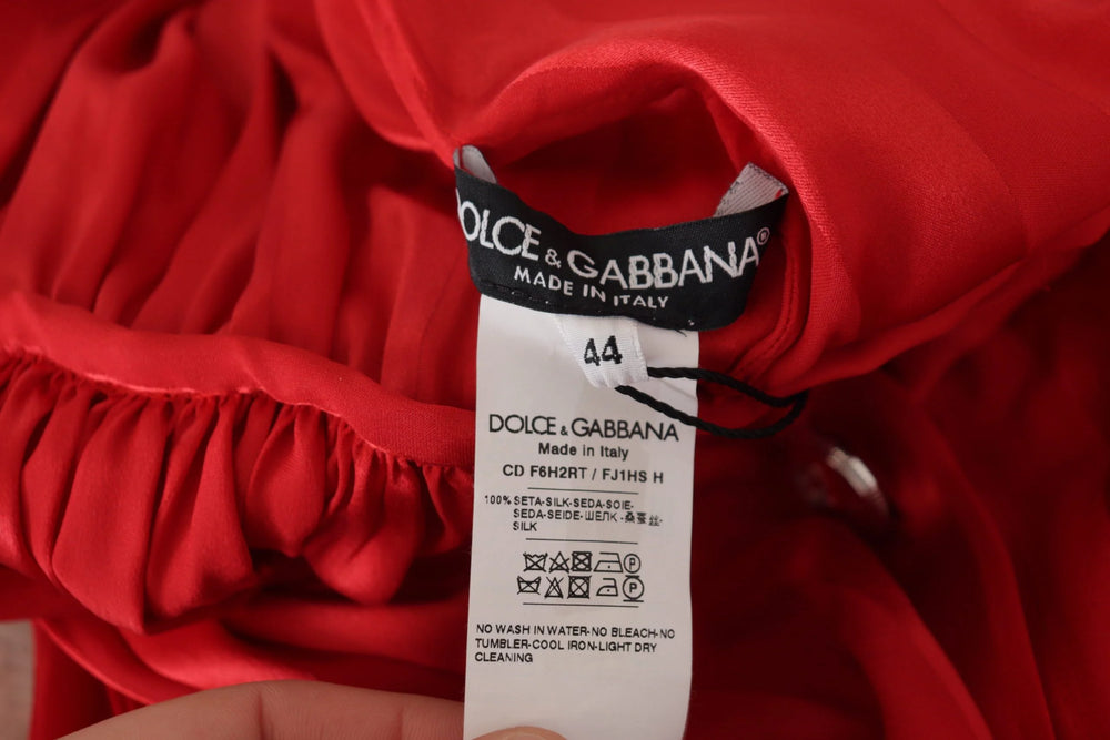 Dolce & Gabbana Red Button Down Belted Midi Satin Silk Dress - Dresses