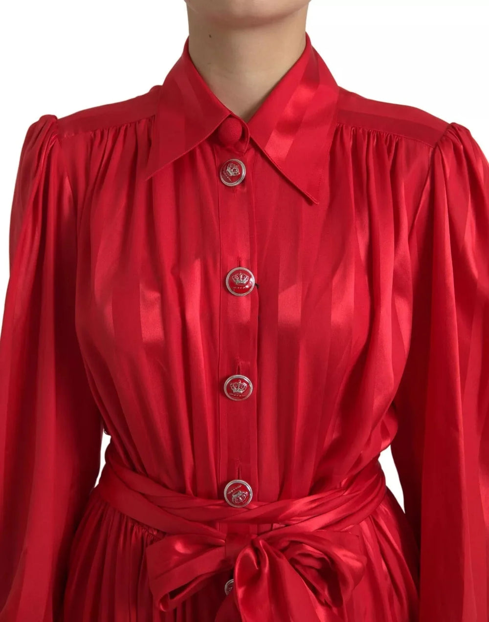 Dolce & Gabbana Red Button Down Belted Midi Satin Silk Dress - Dresses