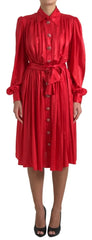 Dolce & Gabbana Red Button Down Belted Midi Satin Silk Dress - Dresses