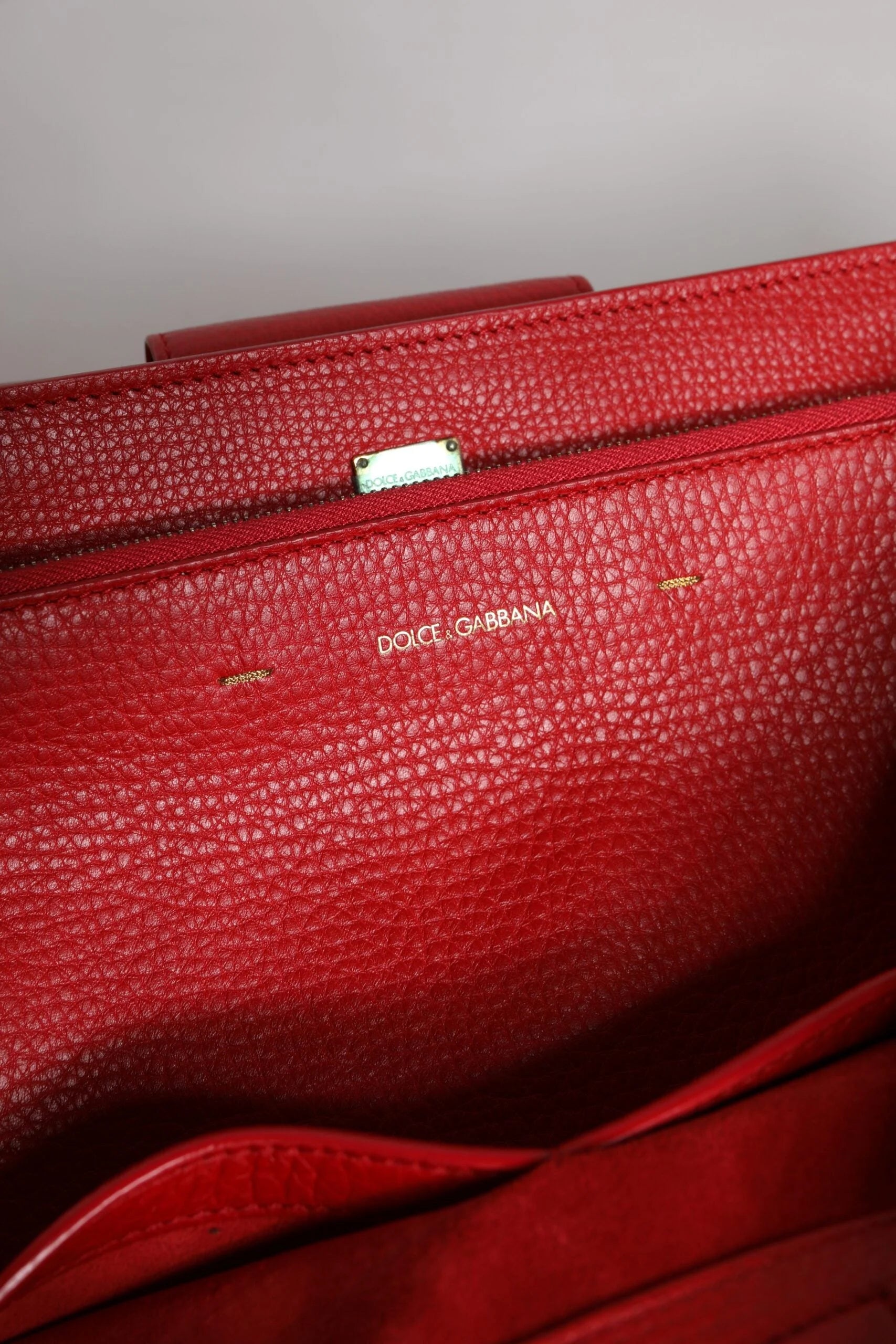 Dolce & Gabbana Red Calfskin Leather Logo Plaque Top Handle Bag - Shopper Bags