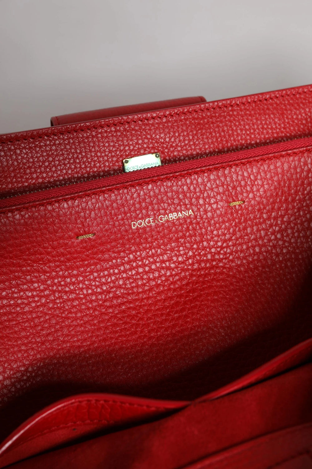 Dolce & Gabbana Red Calfskin Leather Logo Plaque Top Handle Bag - Shopper Bags