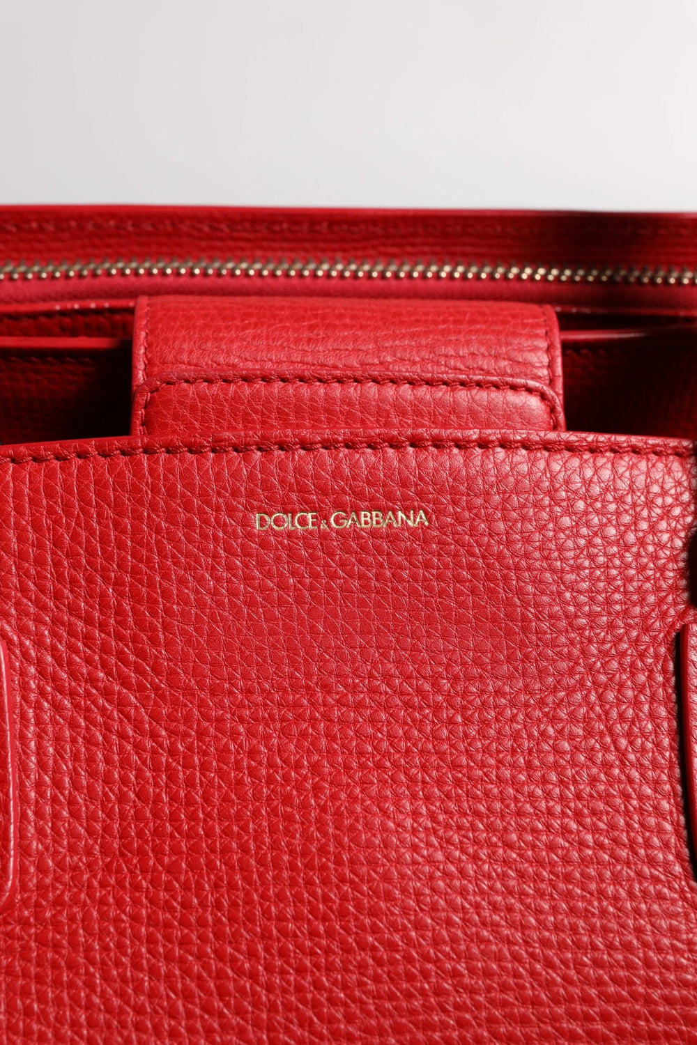 Dolce & Gabbana Red Calfskin Leather Logo Plaque Top Handle Bag - Shopper Bags