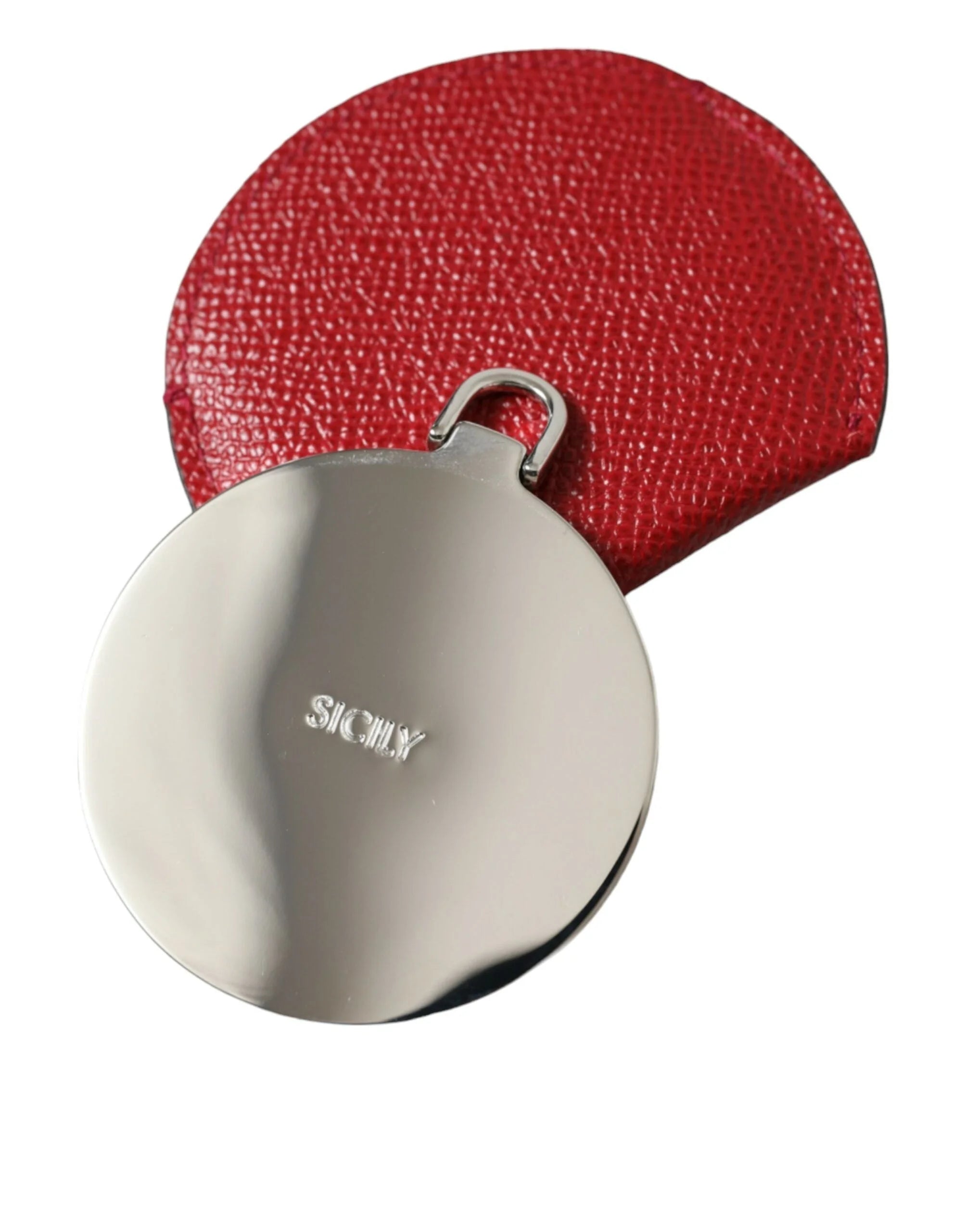 Dolce & Gabbana Red Calfskin Leather Round Logo Hand Mirror Holder - Face Mirrors