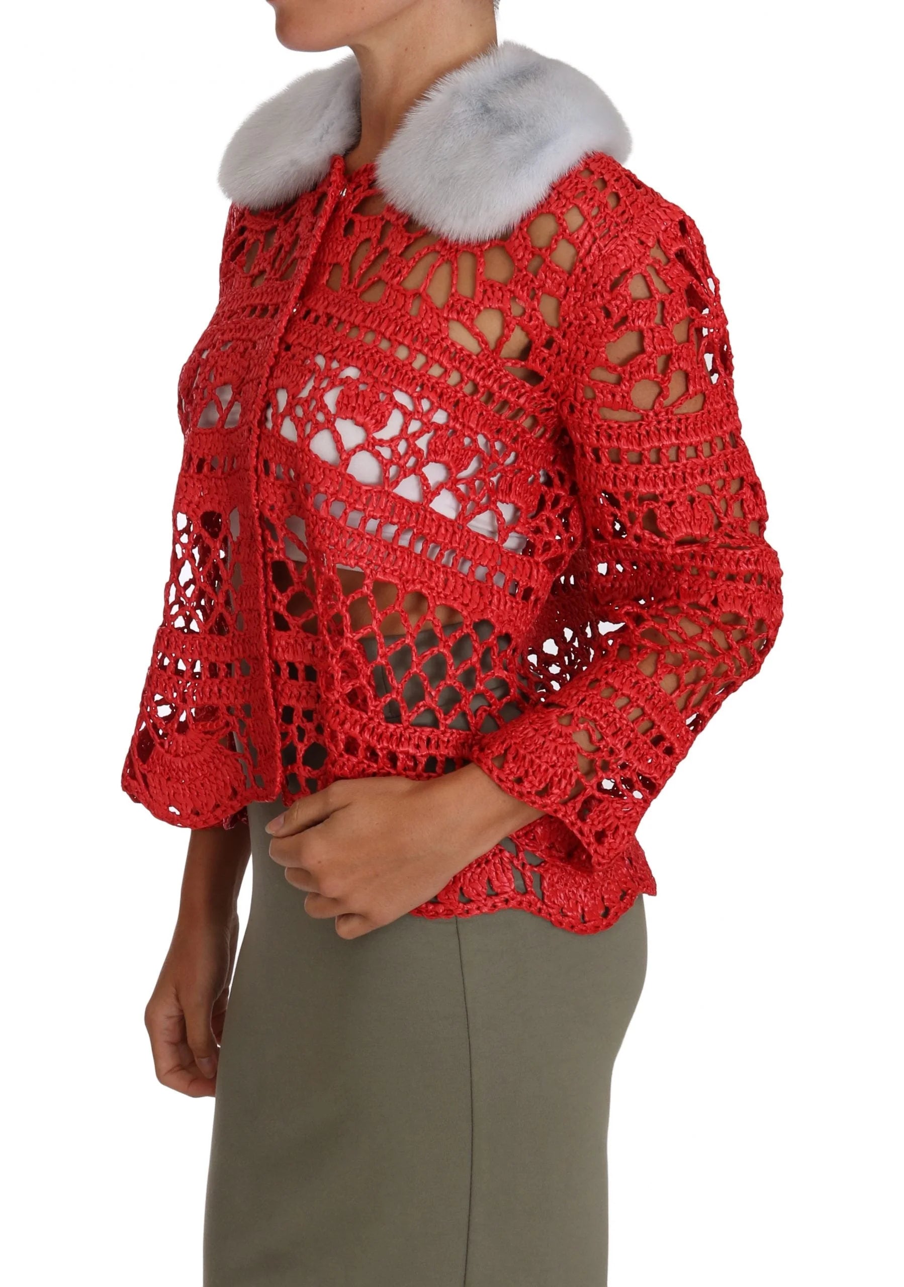 Dolce & Gabbana Red Cardigan Crochet Knit Raffia Sweater - IT42|M - Cardigans