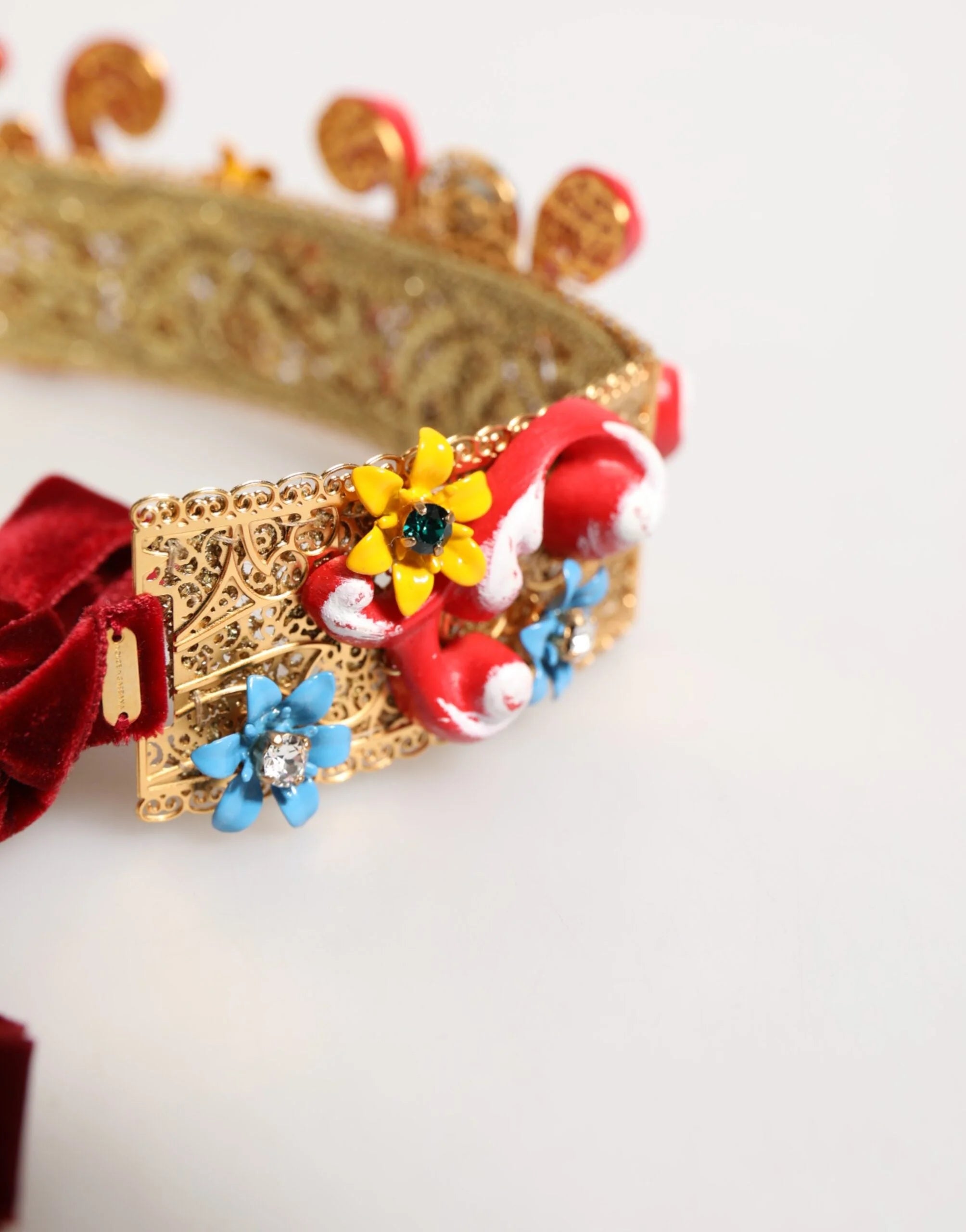 Dolce & Gabbana Red Carretto Multicolor Crystal Gold Tiara Crow Headband - Headbands