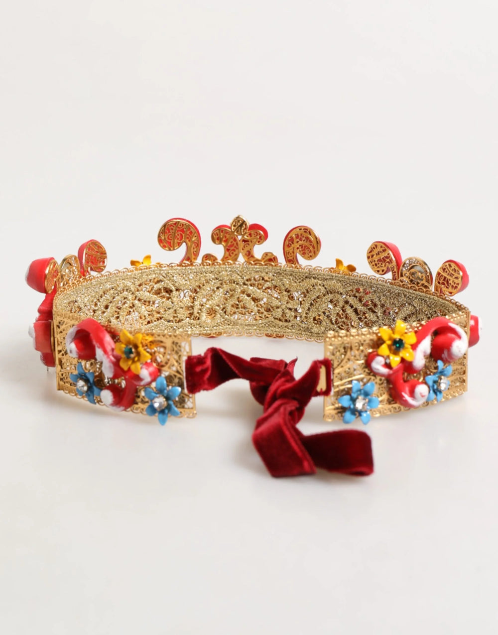 Dolce & Gabbana Red Carretto Multicolor Crystal Gold Tiara Crow Headband - Headbands