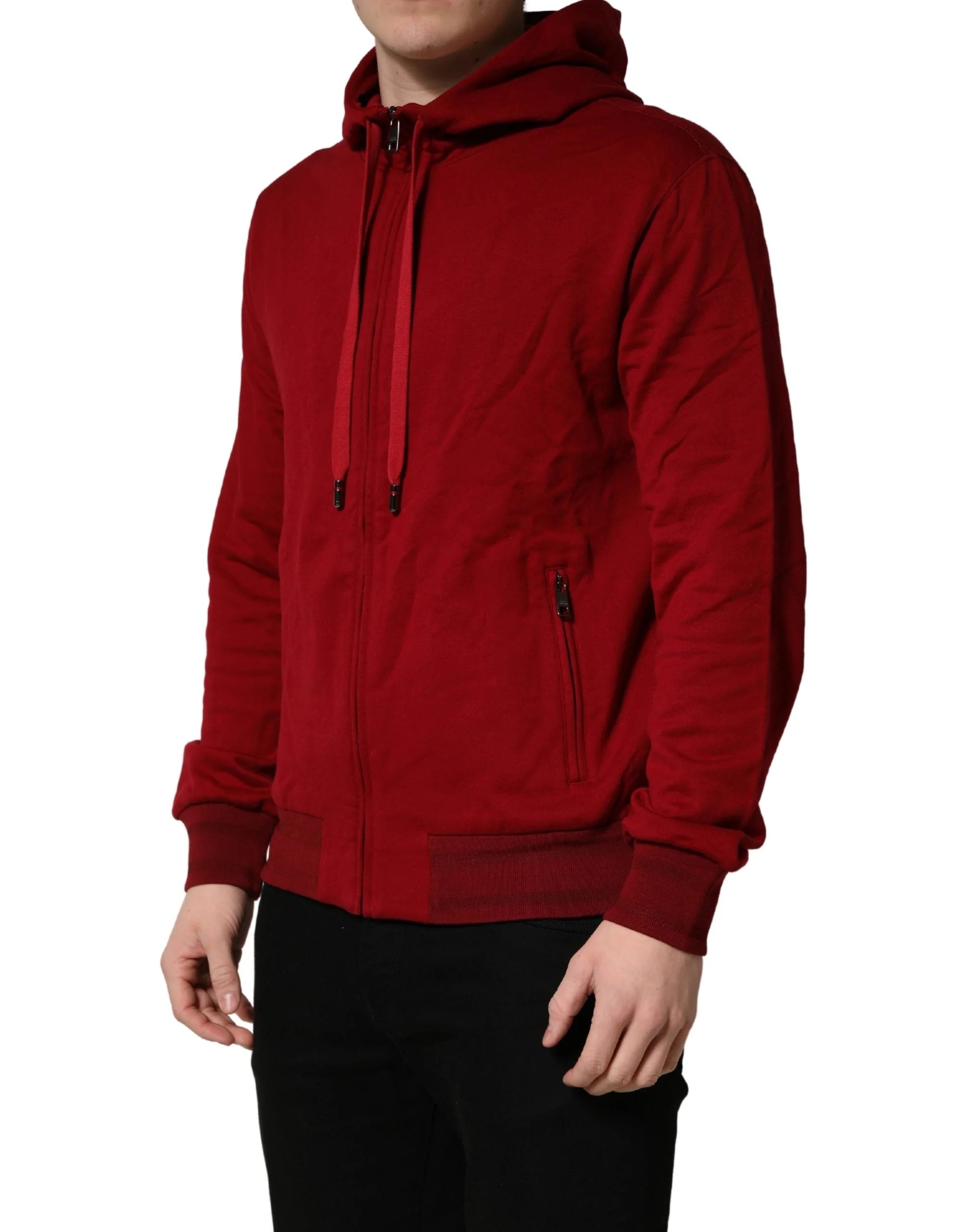 Dolce & Gabbana Red Cotton Full Zip Fleece Men Hoodie Sweater - IT48 | M
