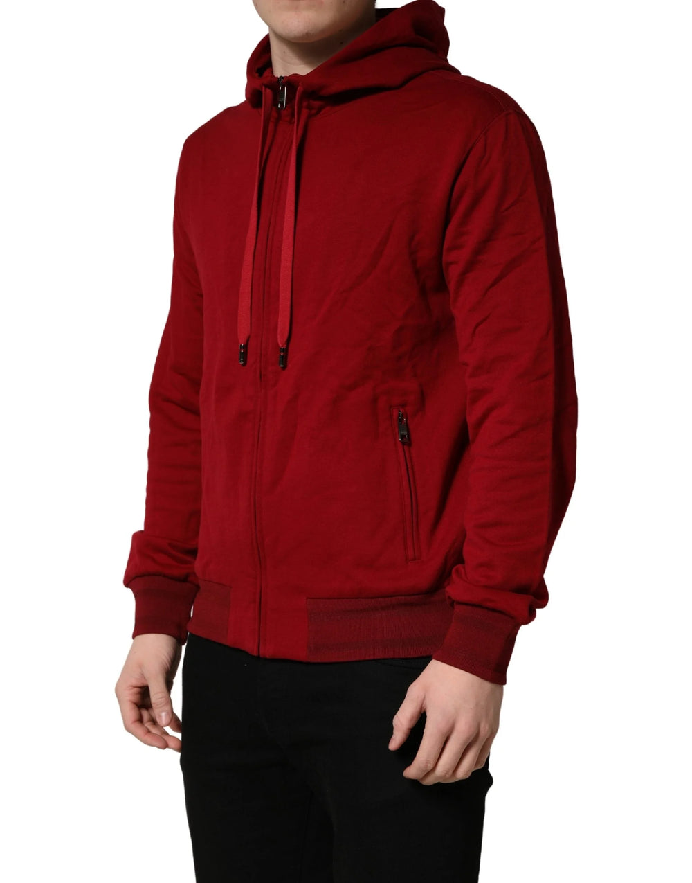 Dolce & Gabbana Red Cotton Full Zip Fleece Men Hoodie Sweater - IT48 | M