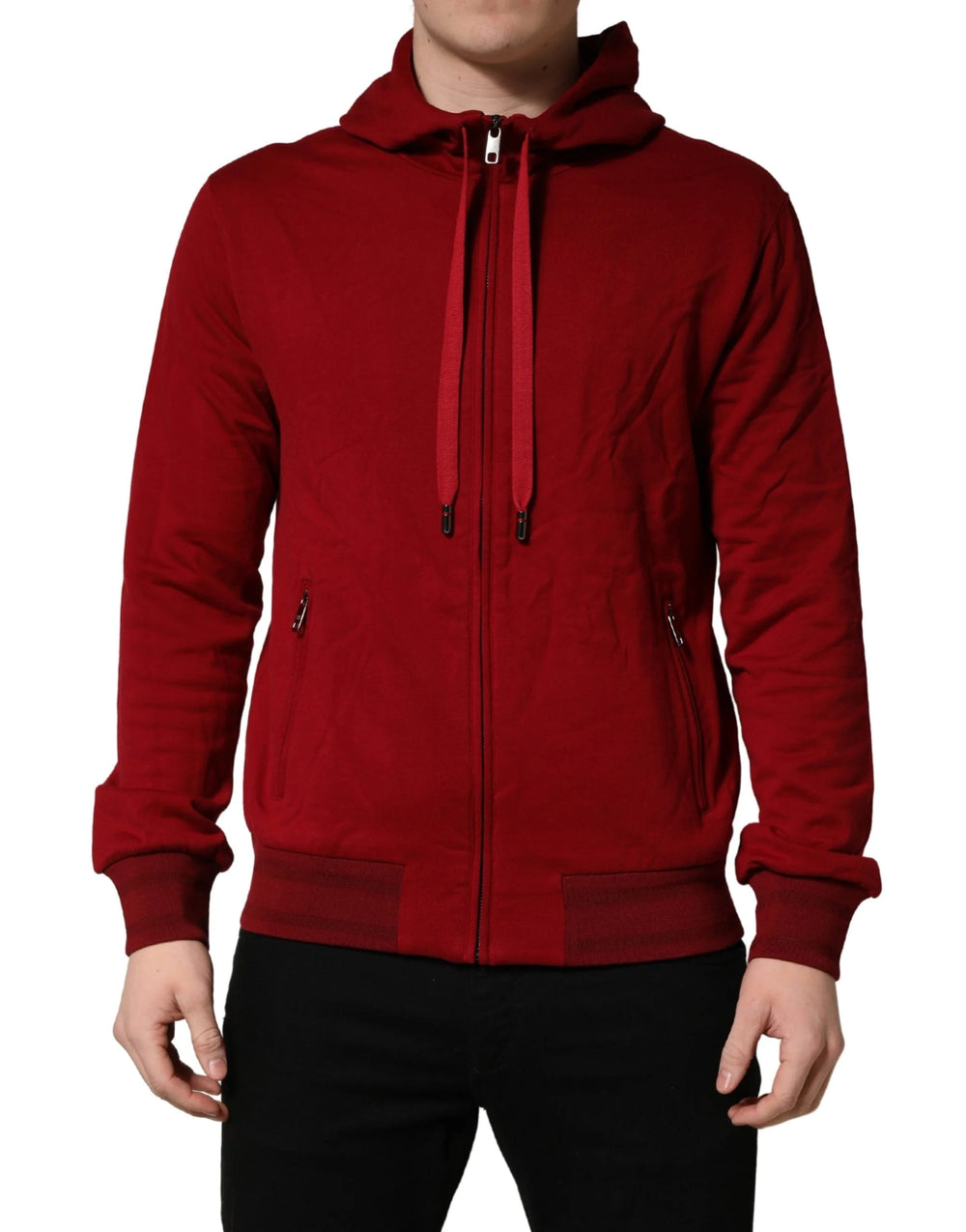 Dolce & Gabbana Red Cotton Full Zip Fleece Men Hoodie Sweater - IT48 | M