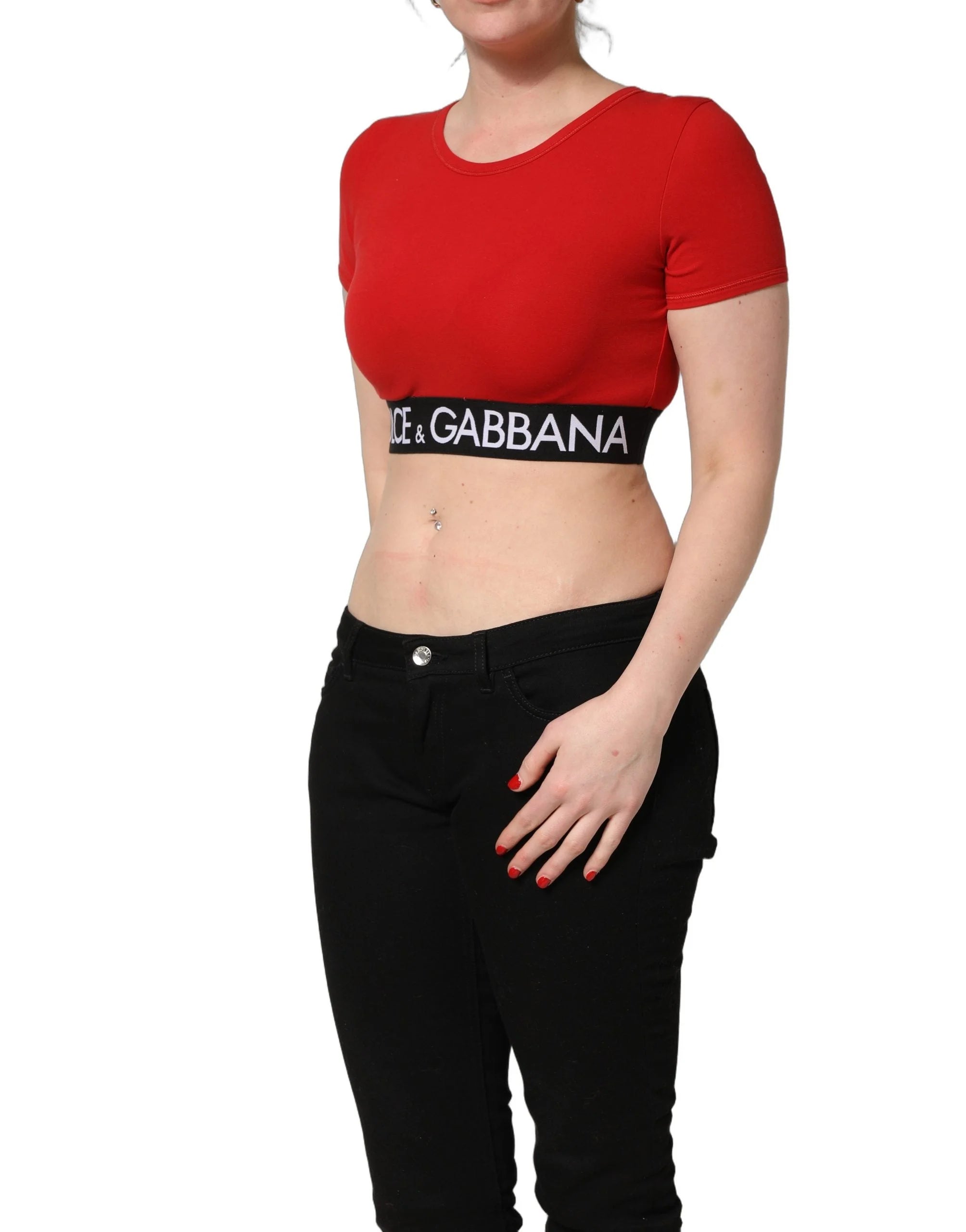Dolce & Gabbana Red Cotton Logo Tape Cropped Short Sleeve T-shirt - IT44 | L