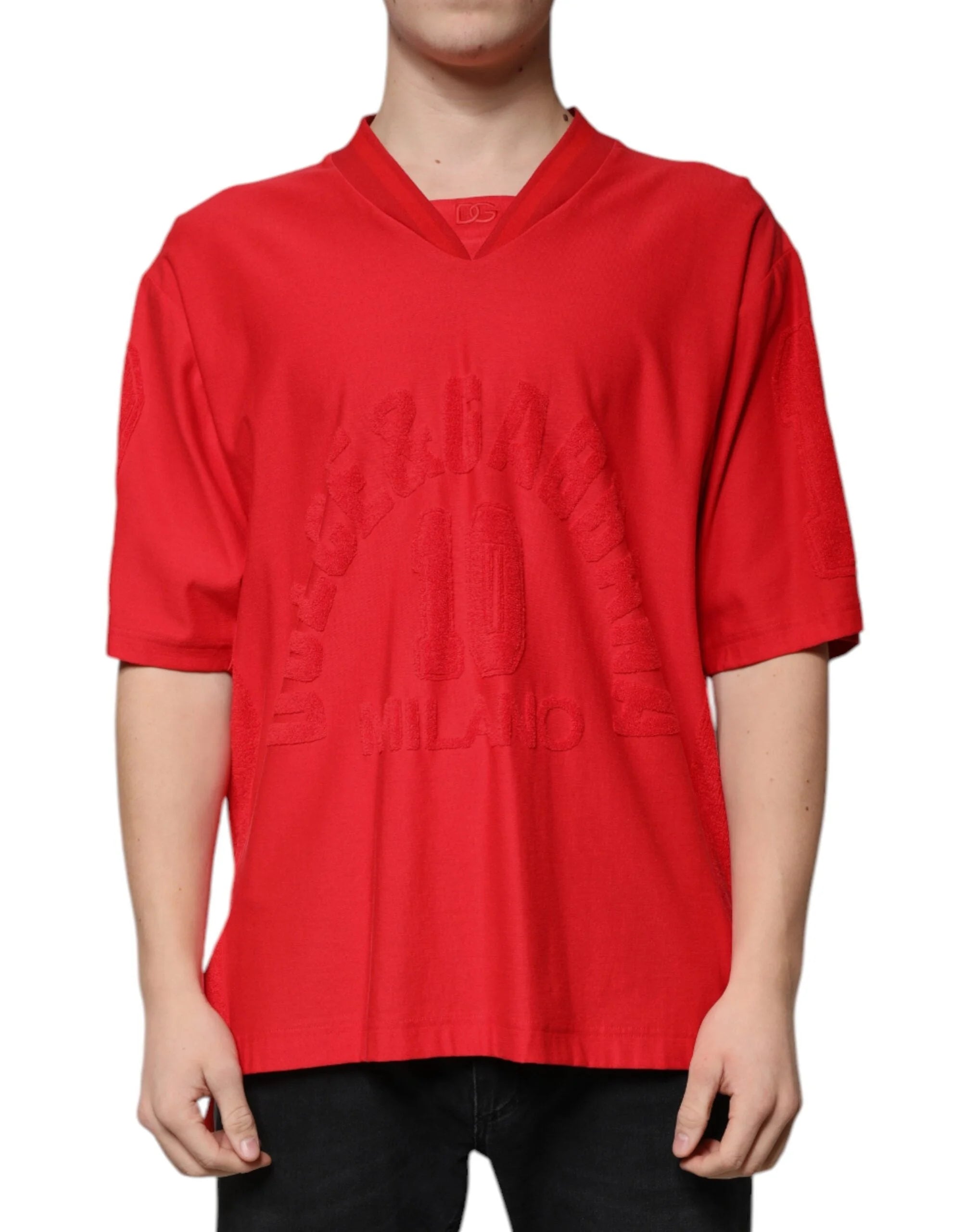 Dolce & Gabbana Red Cotton V-neck Short Sleeves T-shirt - IT50 | L - T-Shirts