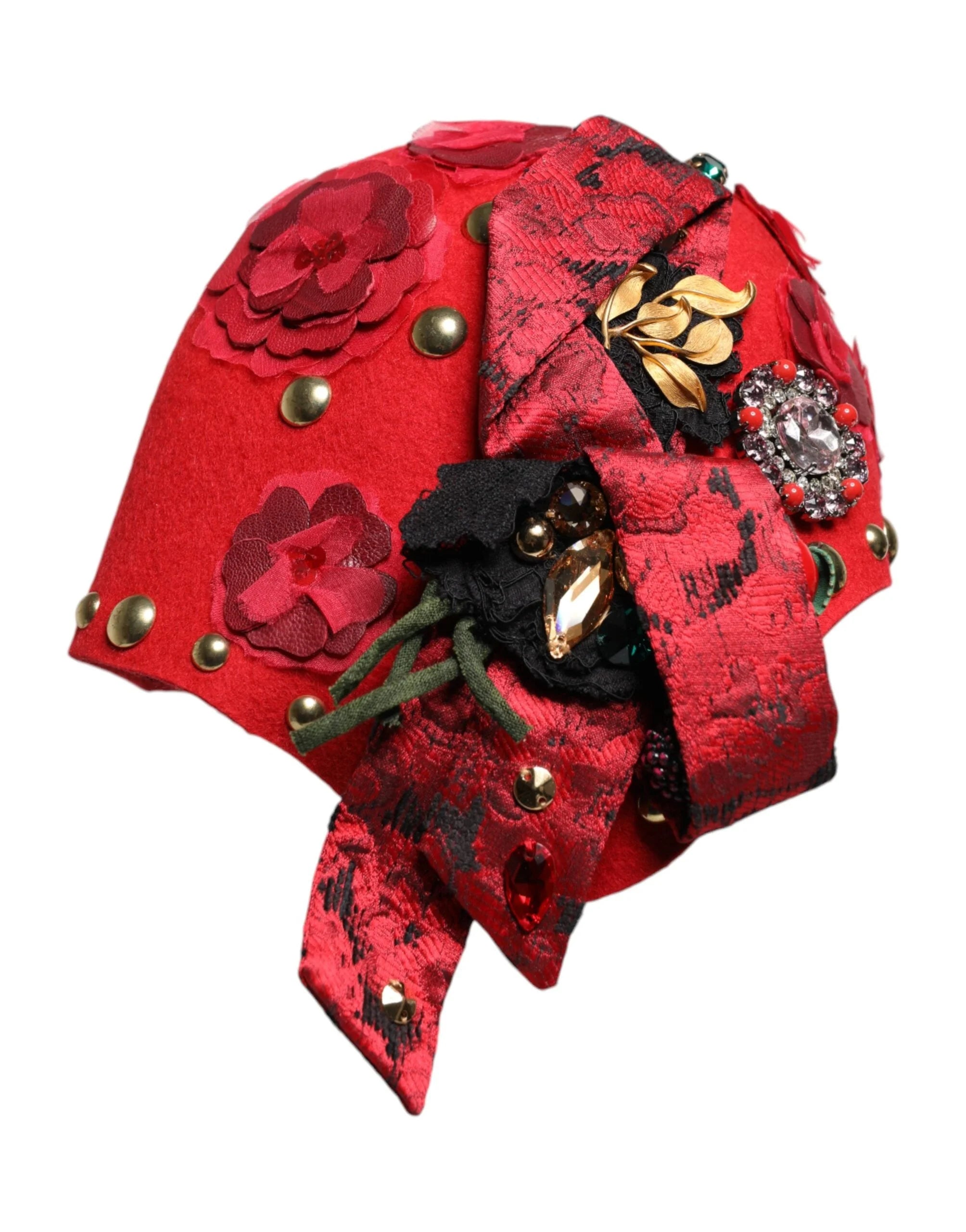 Dolce & Gabbana Red Crystal Gold Roses Brooch Embellished Hat - Hats