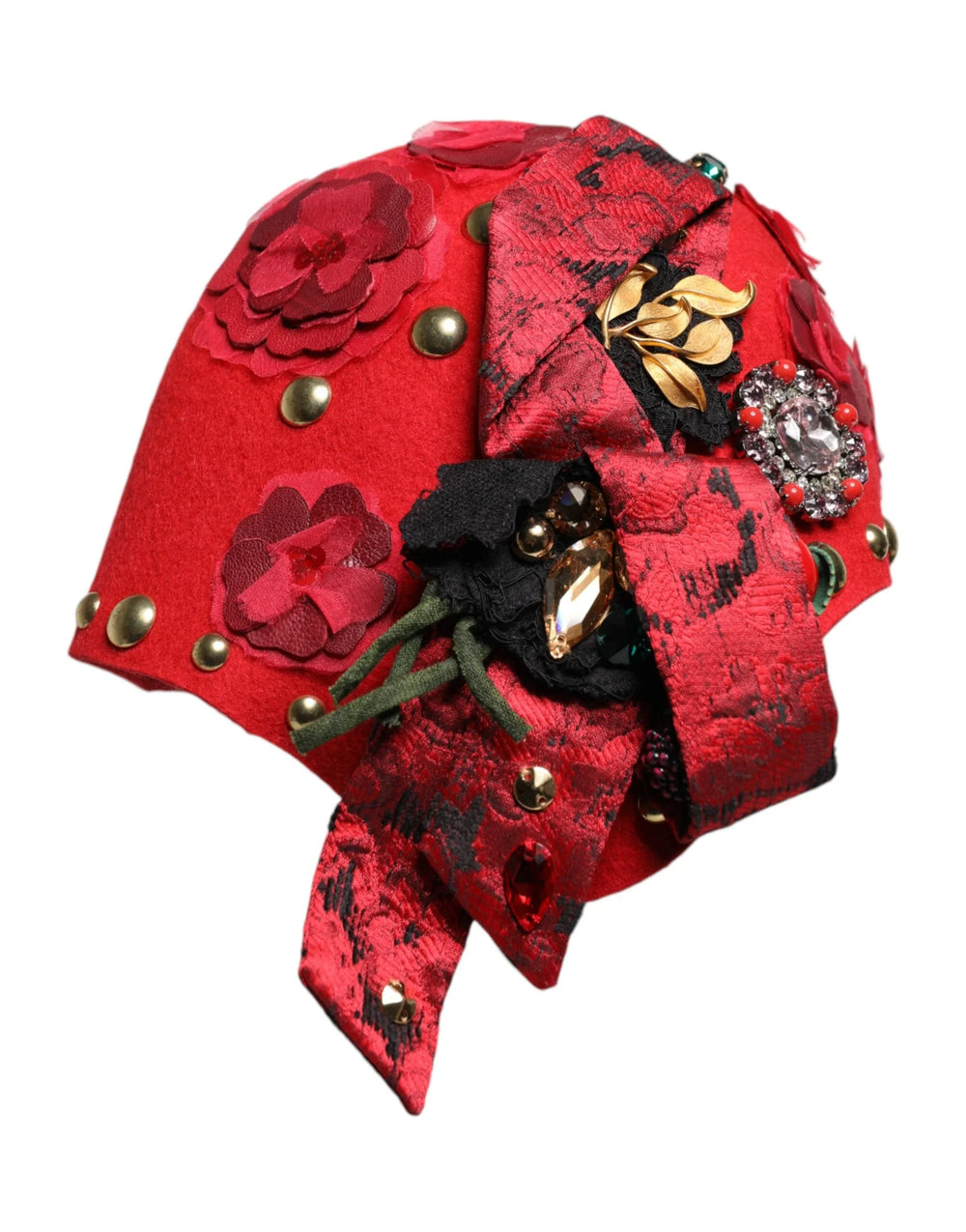 Dolce & Gabbana Red Crystal Gold Roses Brooch Embellished Hat - Hats