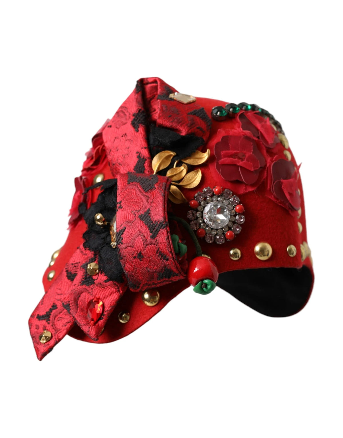 Dolce & Gabbana Red Crystal Gold Roses Brooch Embellished Hat - Hats