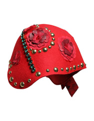 Dolce & Gabbana Red Crystal Gold Roses Brooch Embellished Hat - Hats