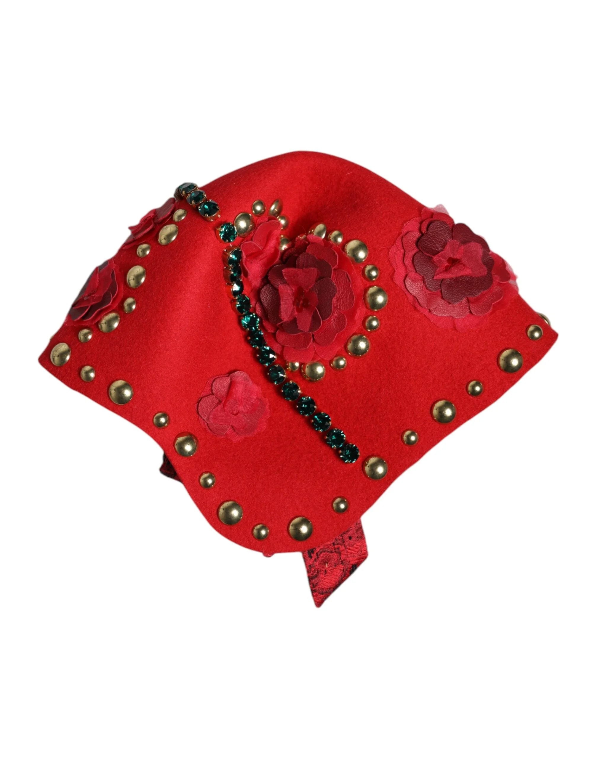 Dolce & Gabbana Red Crystal Gold Roses Brooch Embellished Hat - Hats
