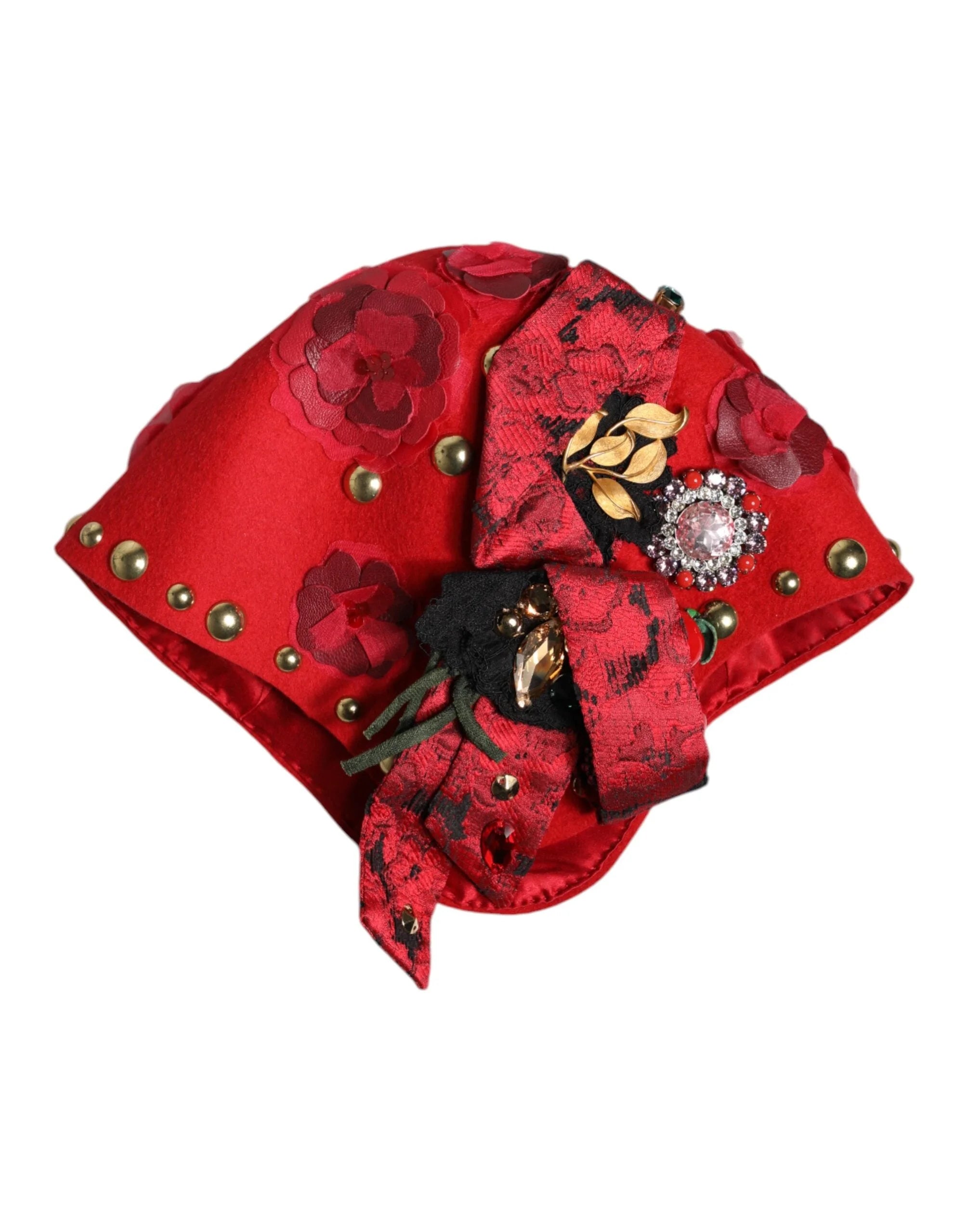 Dolce & Gabbana Red Crystal Gold Roses Brooch Embellished Hat - Hats