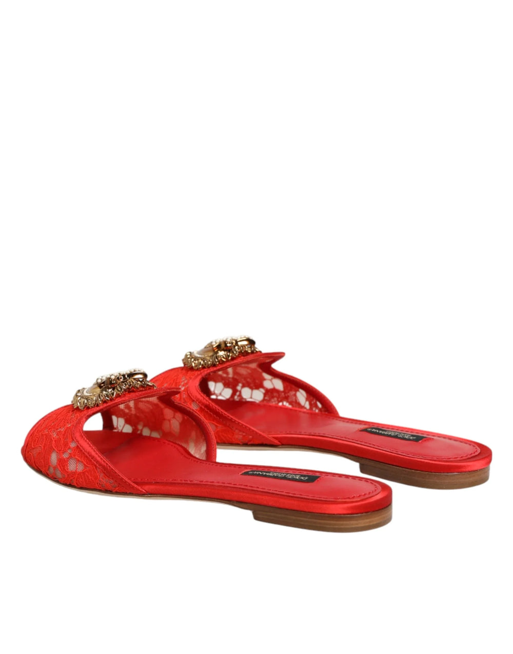 Dolce & Gabbana Red Devotion Lace Flats Slip On Sandals Shoes - Sandals