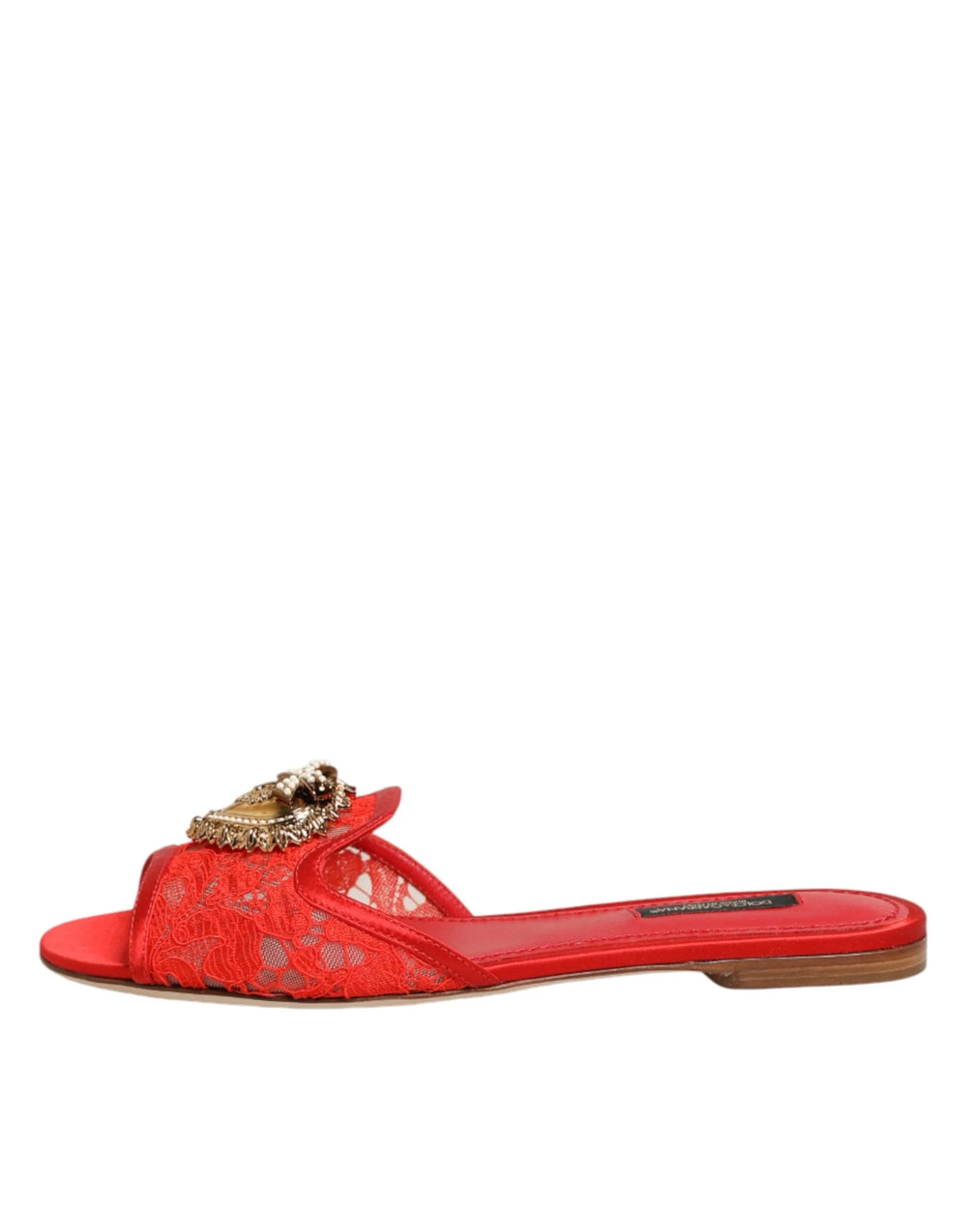 Dolce & Gabbana Red Devotion Lace Flats Slip On Sandals Shoes - Sandals