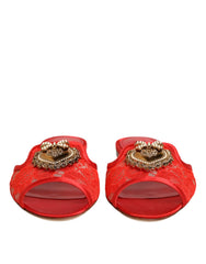 Dolce & Gabbana Red Devotion Lace Flats Slip On Sandals Shoes - Sandals