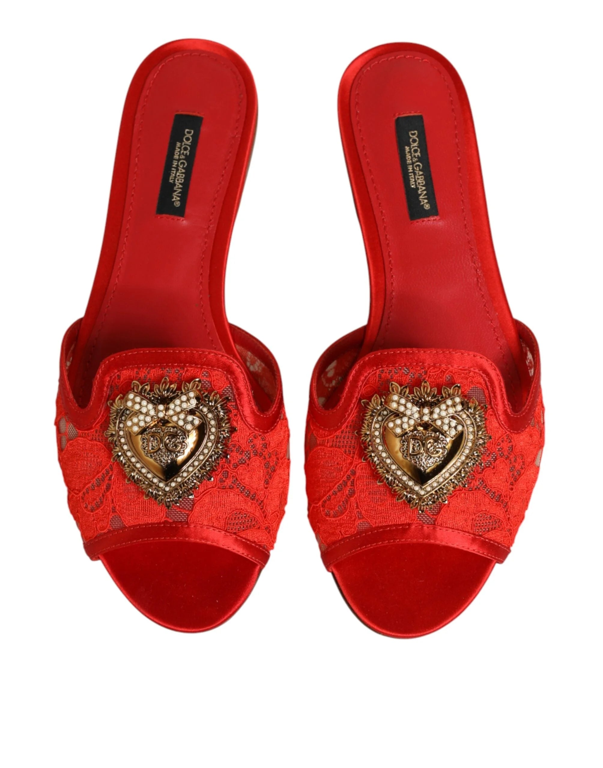 Dolce & Gabbana Red Devotion Lace Flats Slip On Sandals Shoes - Sandals