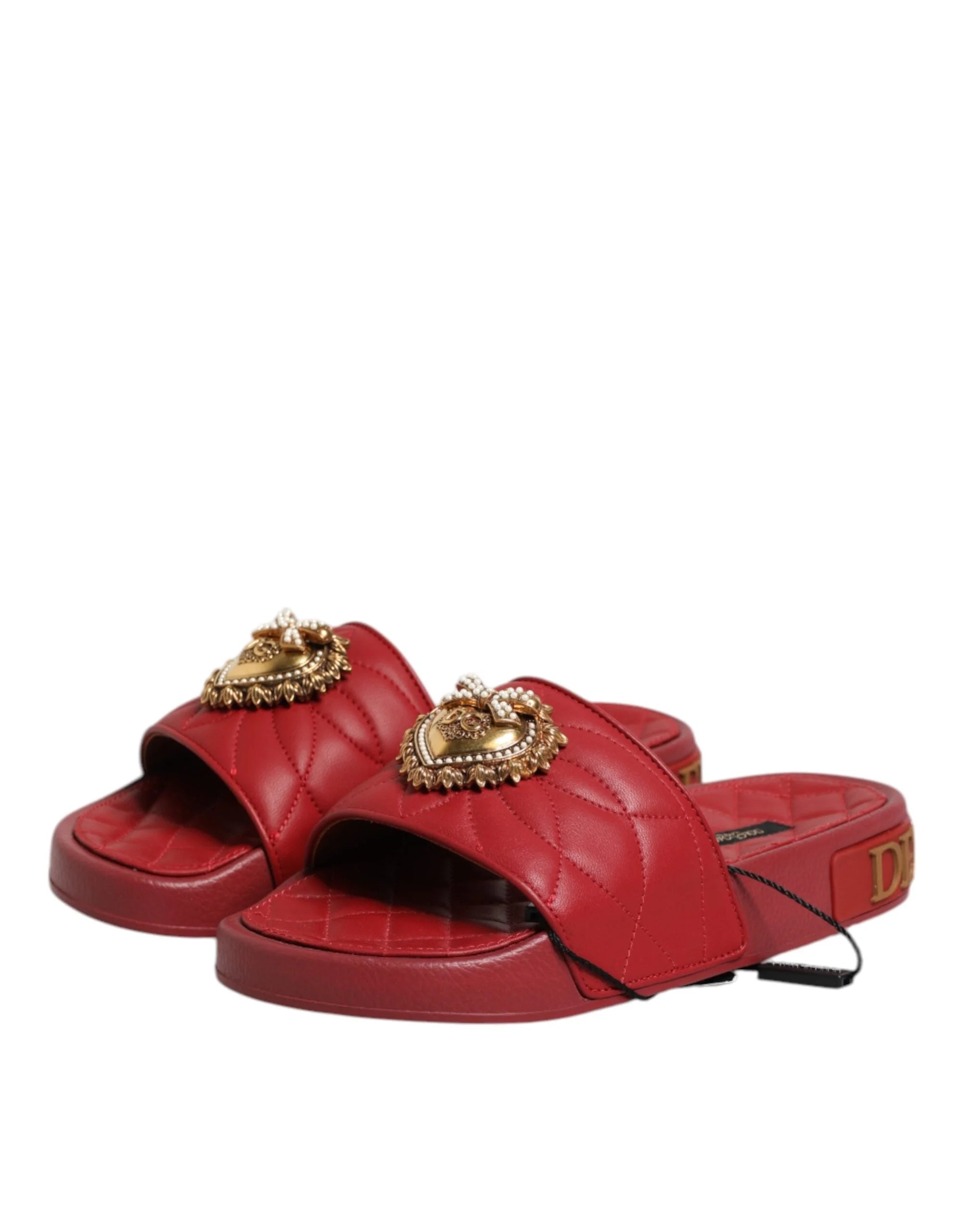 Dolce & Gabbana Red Devotion Matelassé Leather Slides Shoes - Sandals