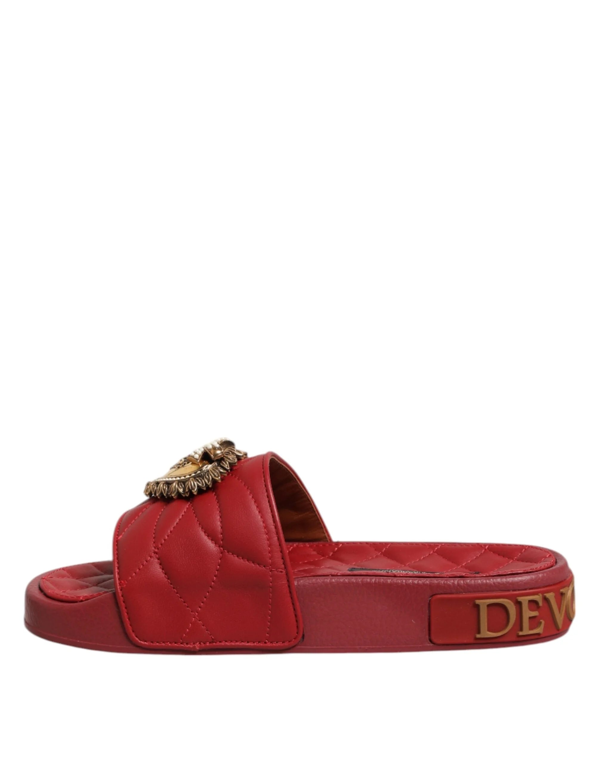 Dolce & Gabbana Red Devotion Matelassé Leather Slides Shoes - Sandals