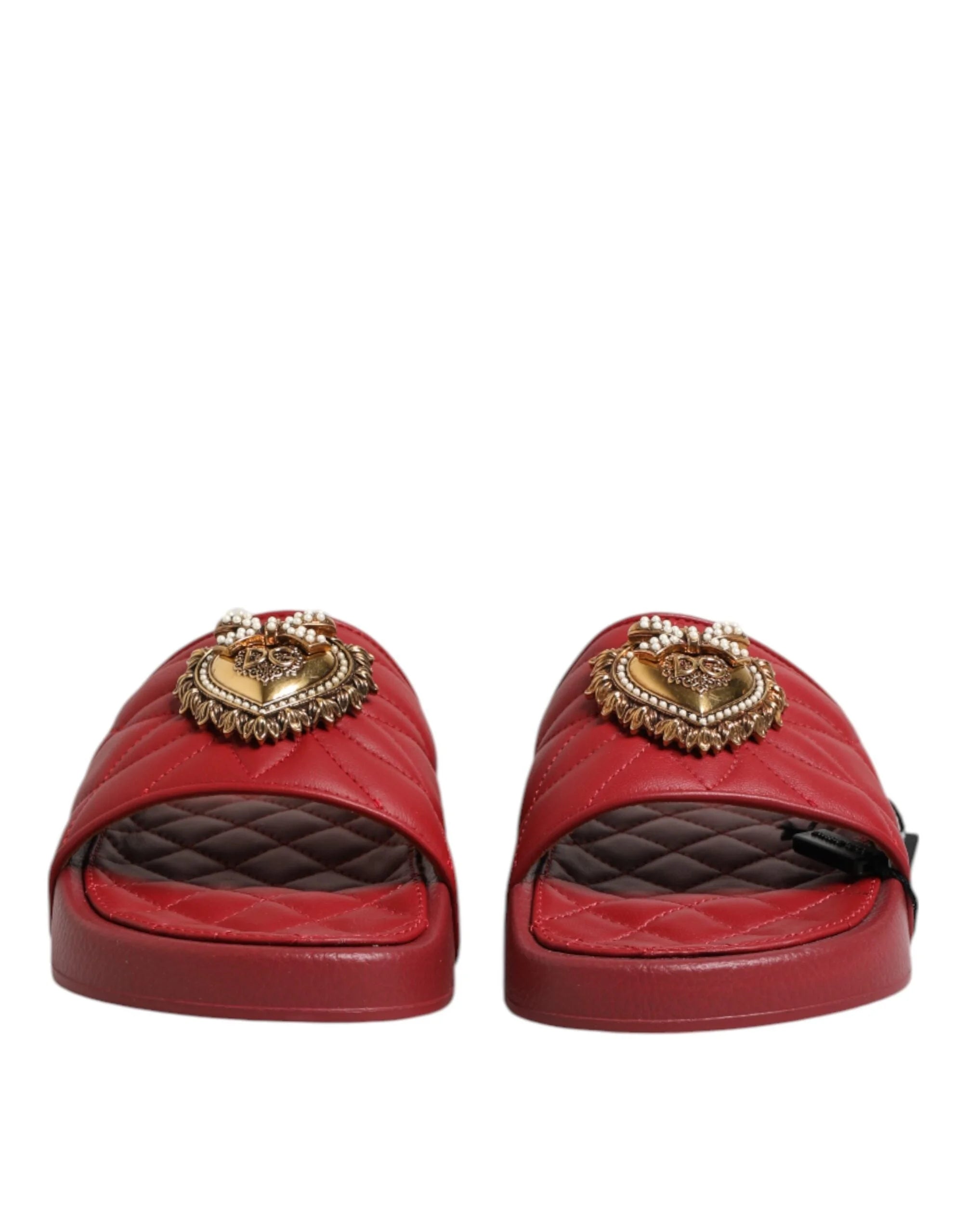 Dolce & Gabbana Red Devotion Matelassé Leather Slides Shoes - Sandals
