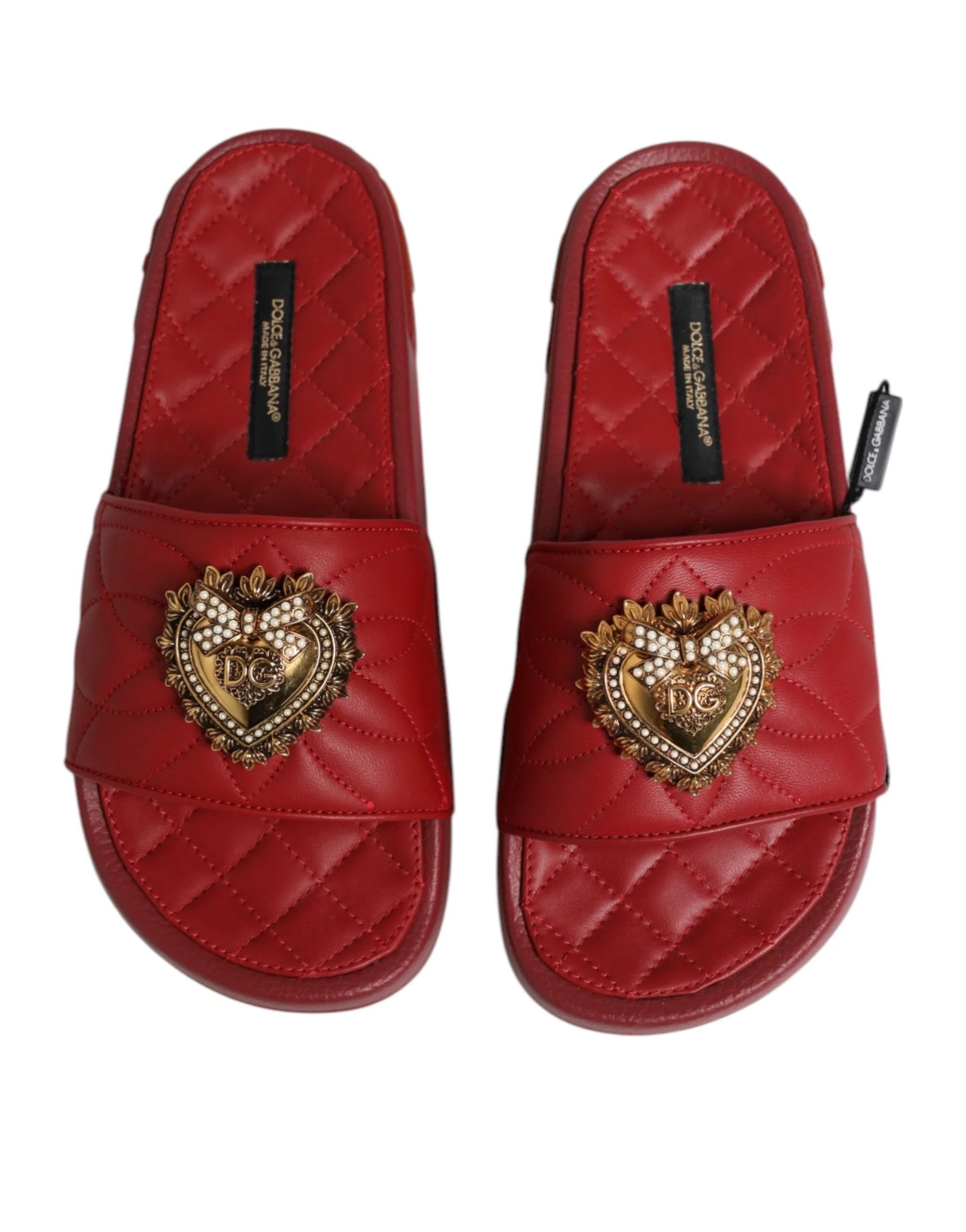 Dolce & Gabbana Red Devotion Matelassé Leather Slides Shoes - Sandals