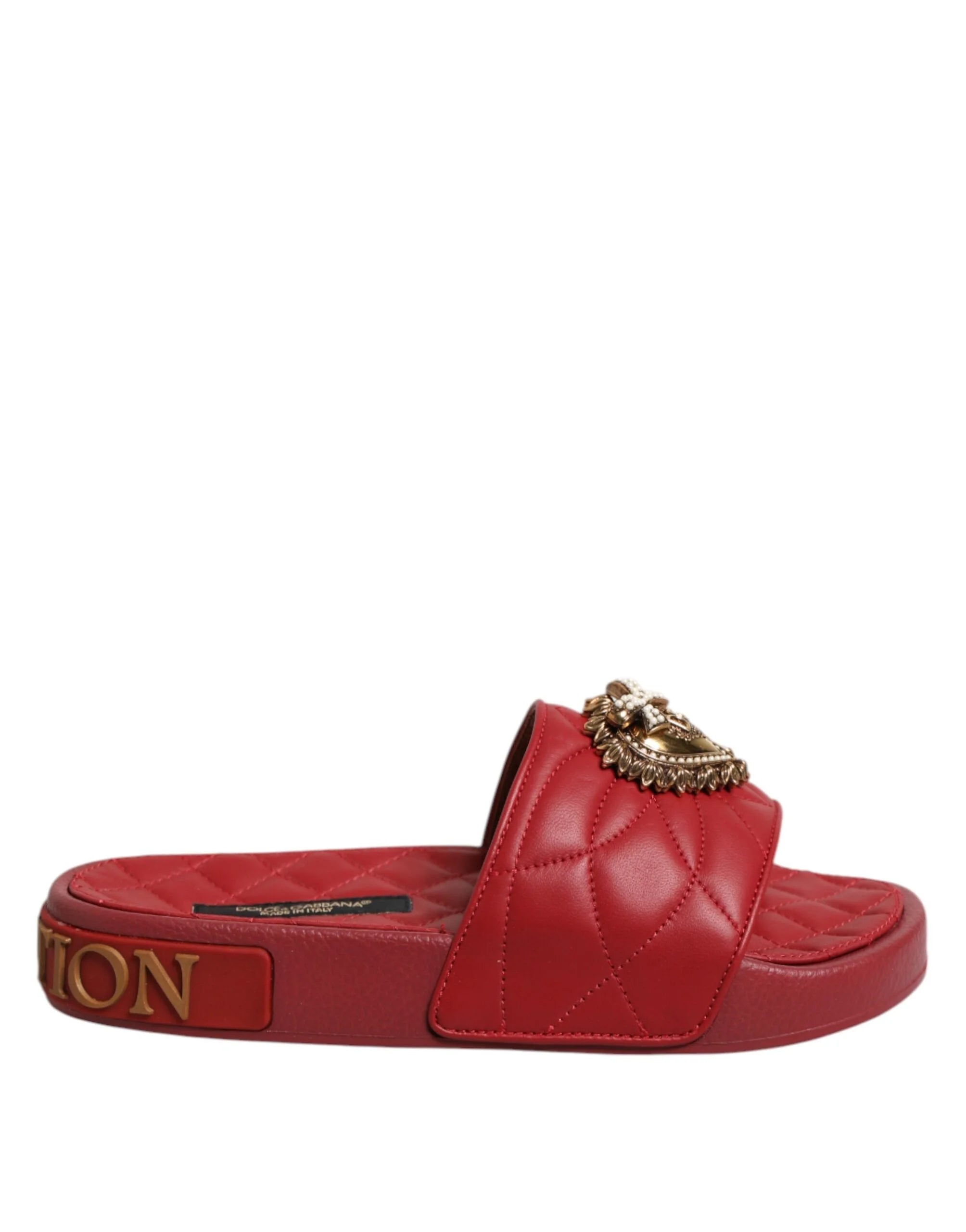 Dolce & Gabbana Red Devotion Matelassé Leather Slides Shoes - Sandals