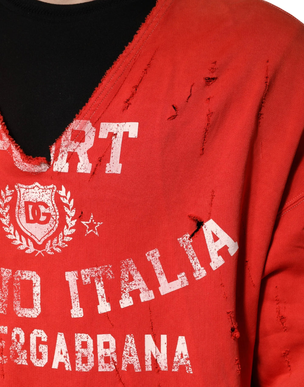 Dolce & Gabbana Red Distressed Cotton V-Neck Sweatshirt Men Sweater - IT54 | XL