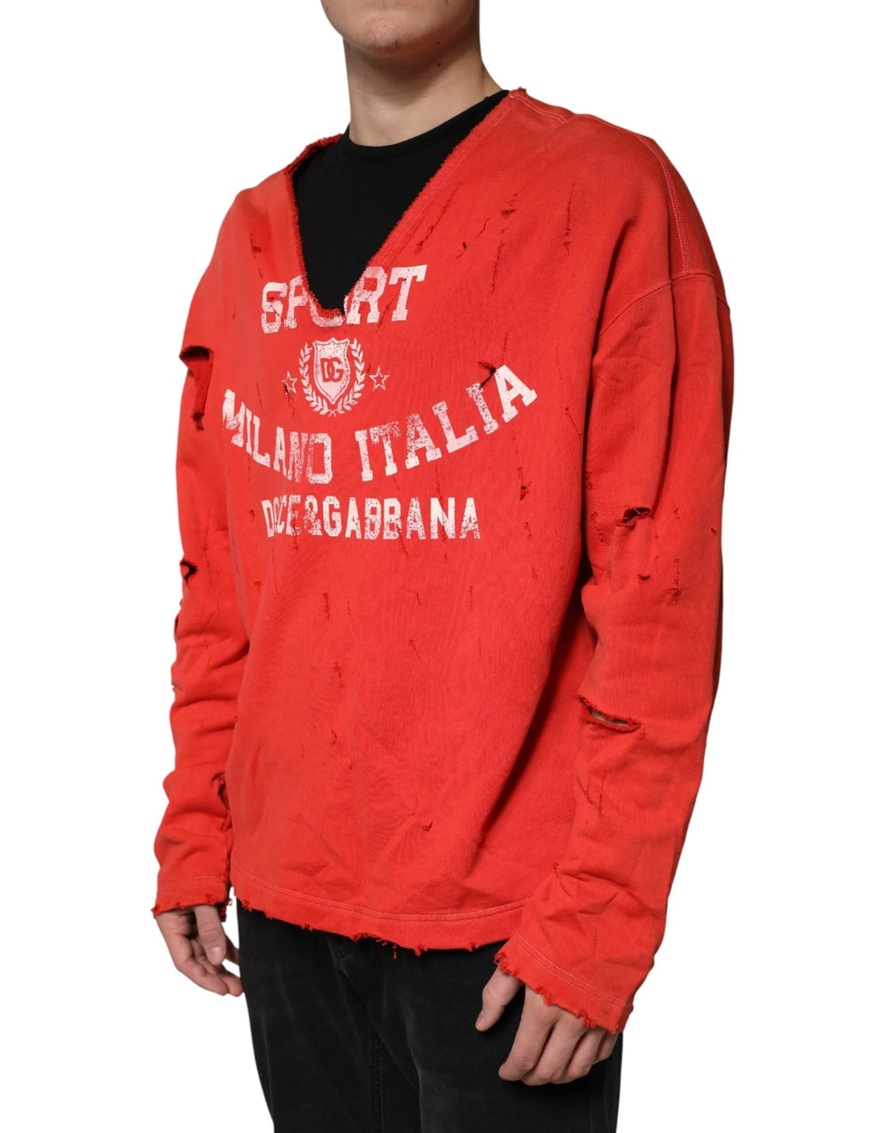 Dolce & Gabbana Red Distressed Cotton V-Neck Sweatshirt Men Sweater - IT54 | XL