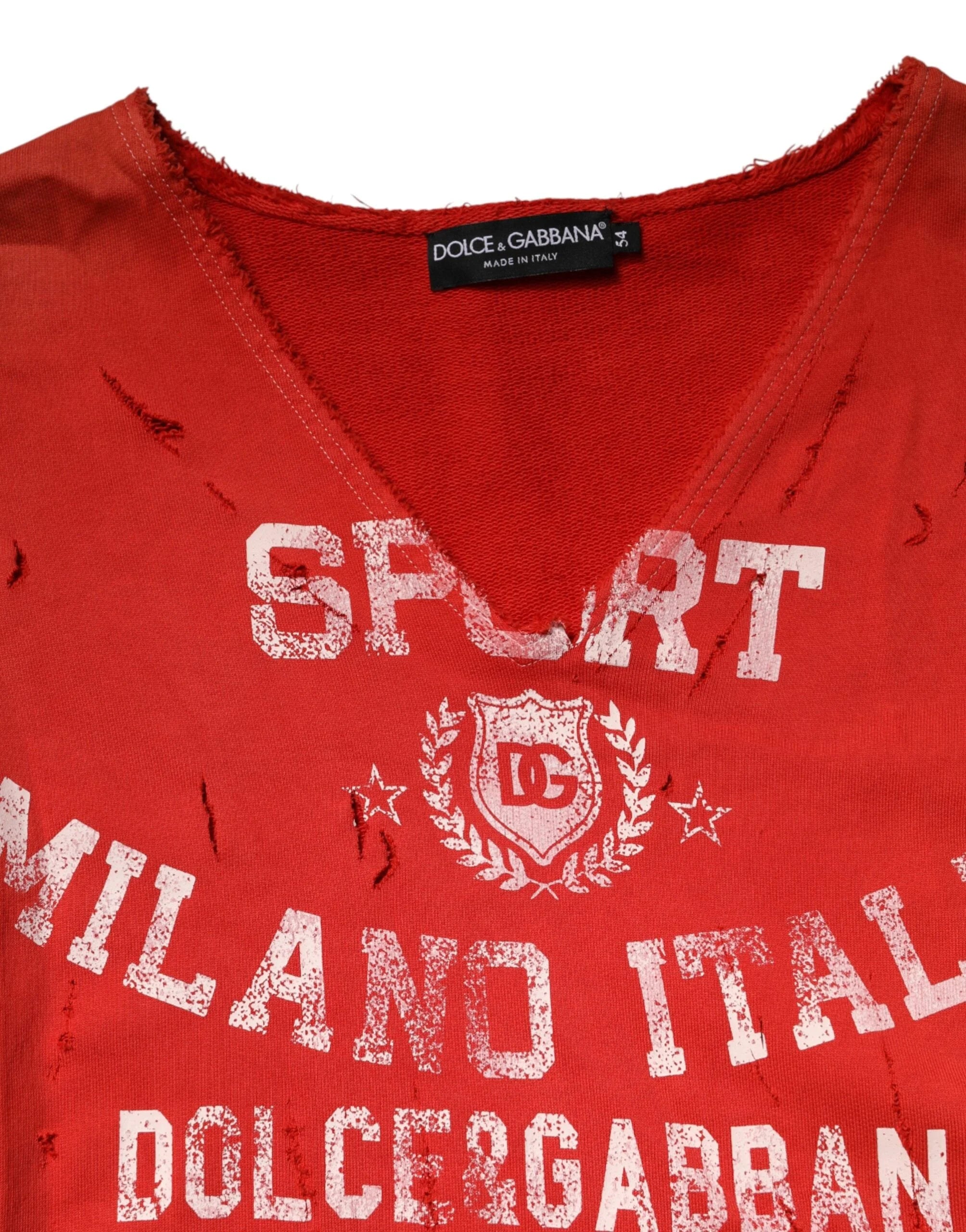 Dolce & Gabbana Red Distressed Cotton V-Neck Sweatshirt Men Sweater - IT54 | XL
