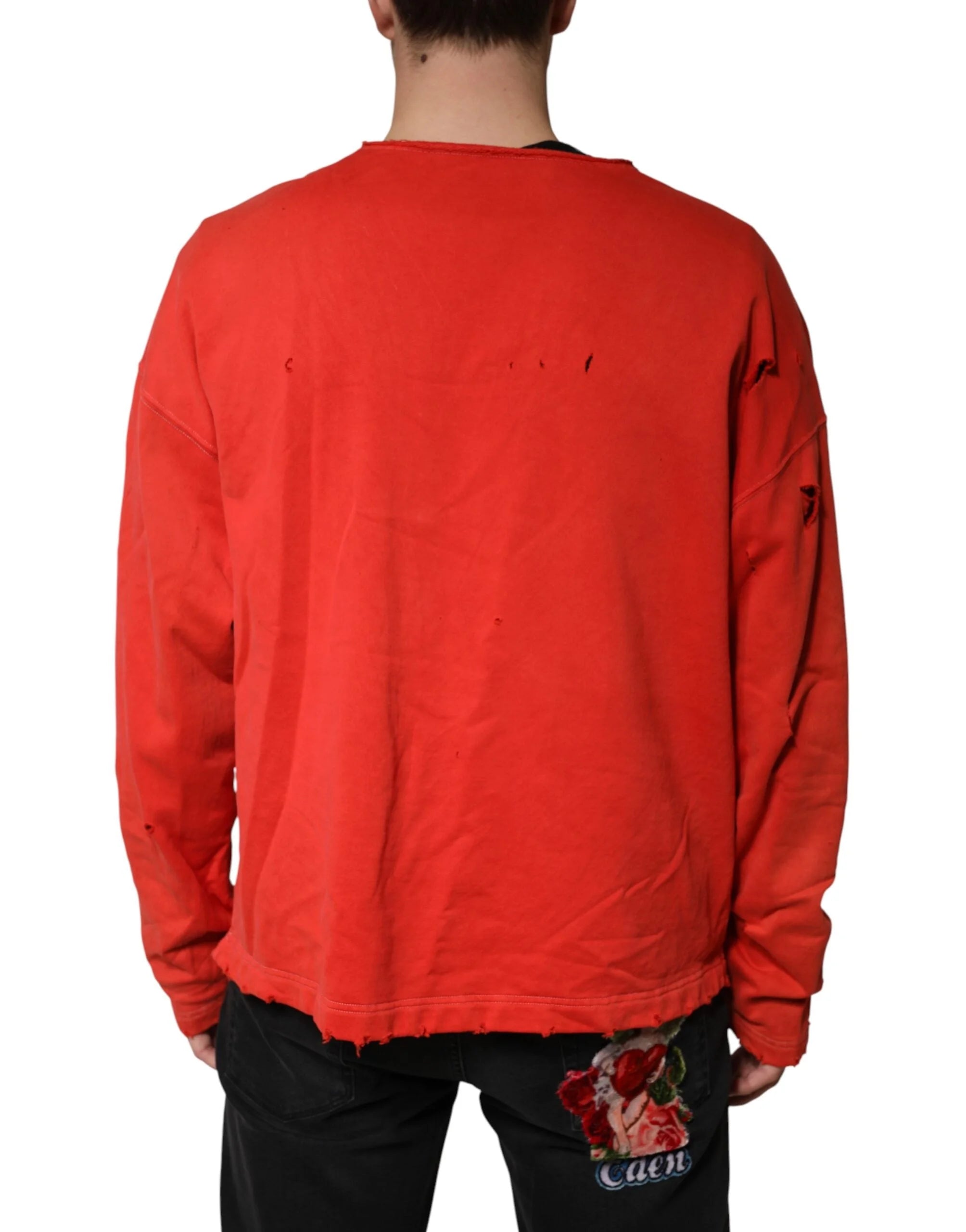 Dolce & Gabbana Red Distressed Cotton V-Neck Sweatshirt Men Sweater - IT54 | XL