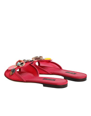 Dolce & Gabbana Red Embellished Flats Slip On Sandals Shoes