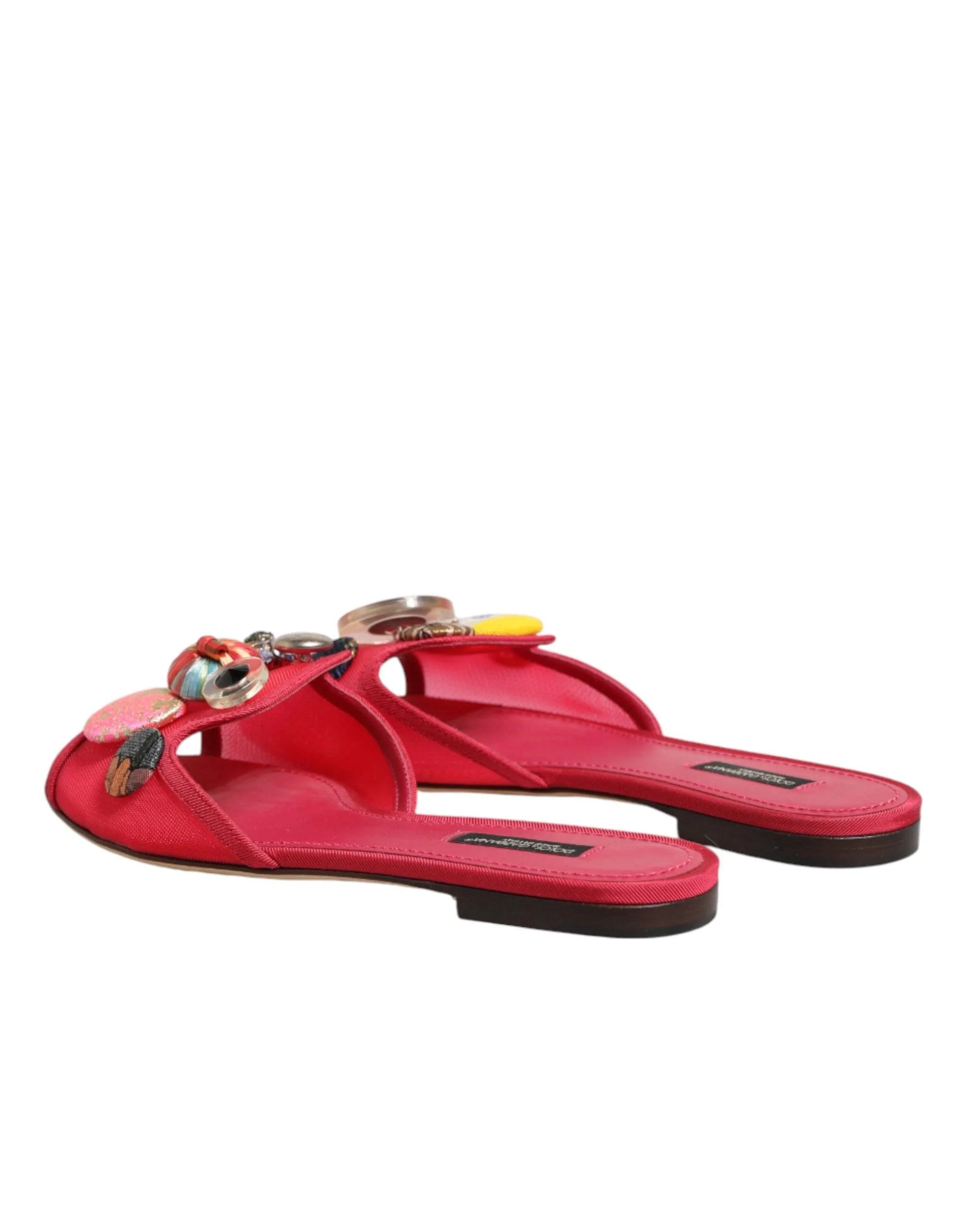 Dolce & Gabbana Red Embellished Flats Slip On Sandals Shoes