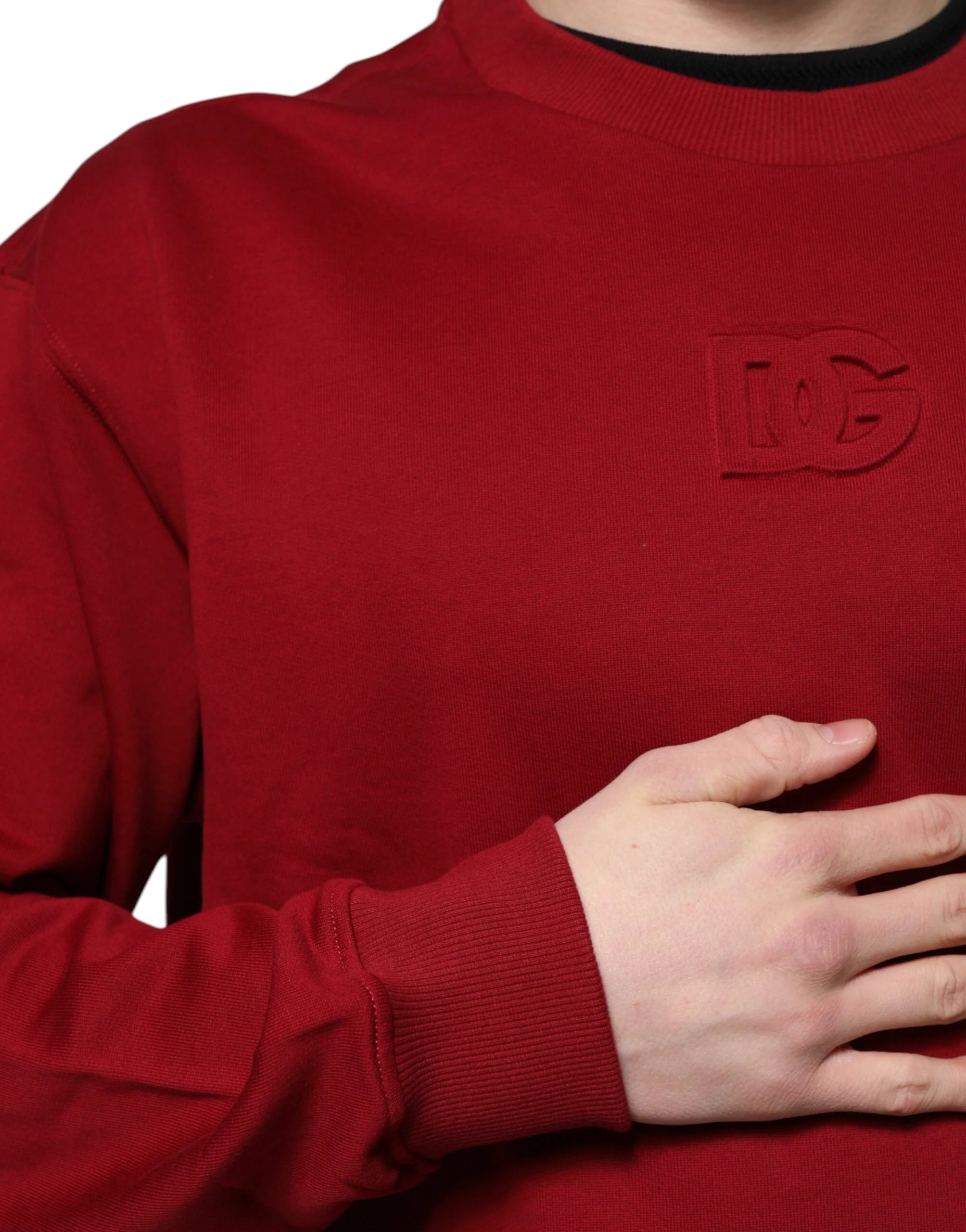 Dolce & Gabbana Red Embossed Logo Cotton Crew Neck Sweater - Sweaters