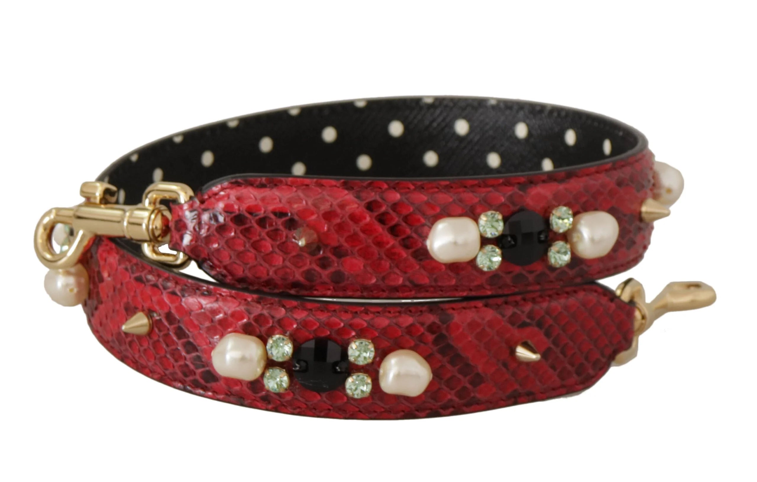Vista lateral da correia de pele exótica Dolce & Gabbana selecionada pela AmeOro em vermelho vibrante com detalhes em cristal cintilante.