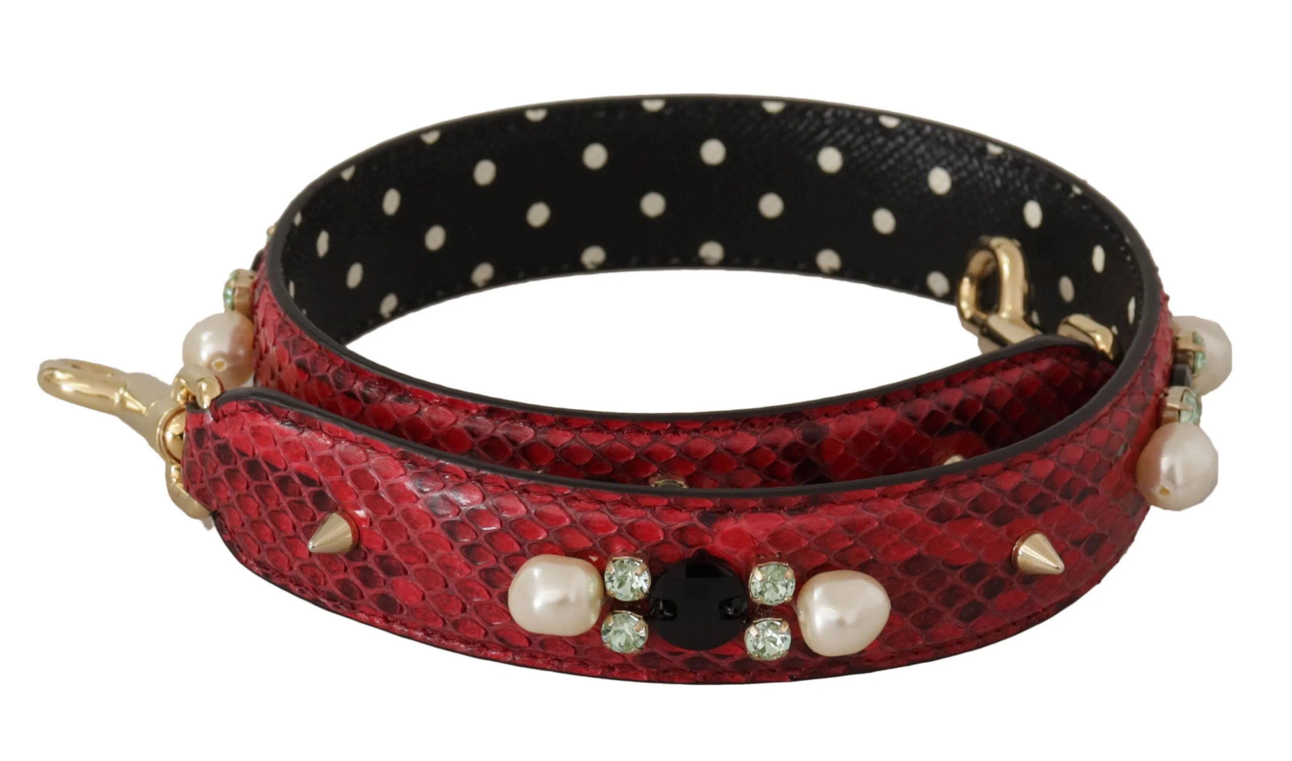 Correia de ombro em pele de pitão vermelha Dolce & Gabbana com ornamentos de cristal requintados e ferragens douradas.