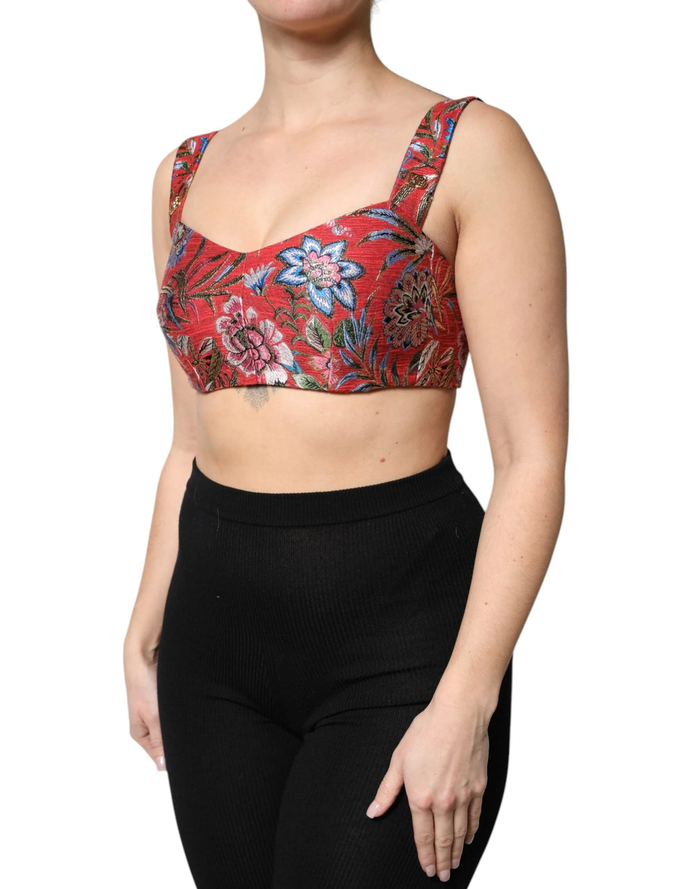 Dolce & Gabbana Red Floral Brocade Cropped Bustier Corset Top - Tank Tops
