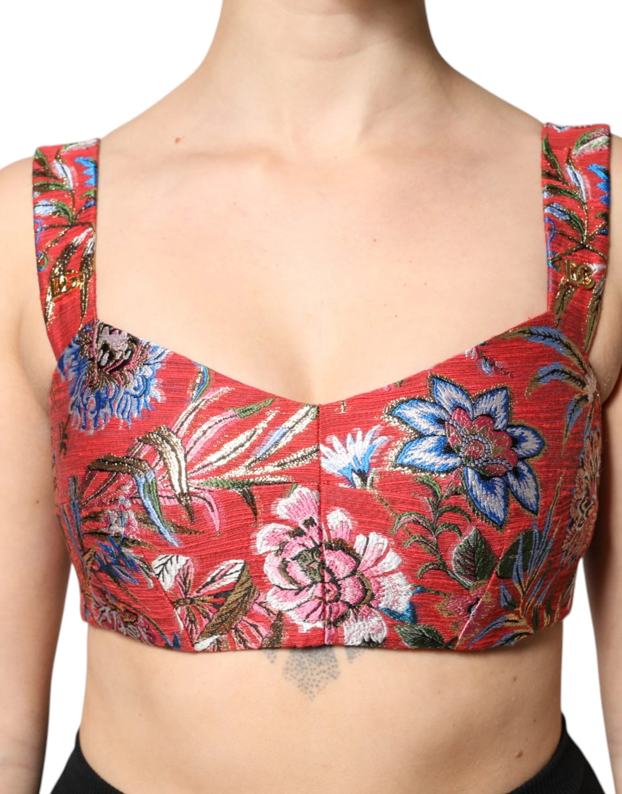 Dolce & Gabbana Red Floral Brocade Cropped Bustier Corset Top - Tank Tops