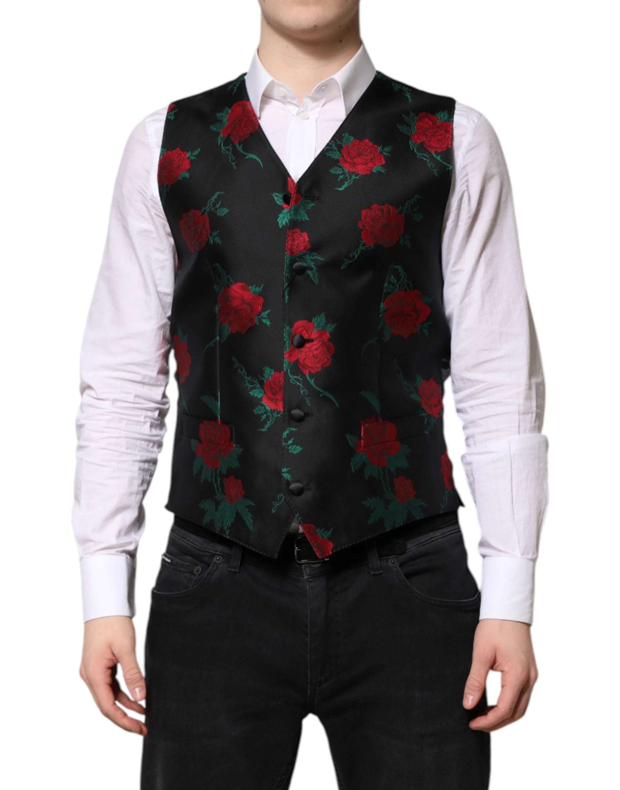 Dolce & Gabbana Red Floral Brocade Formal Men Waistcoat Vest - IT48 | M - Vests