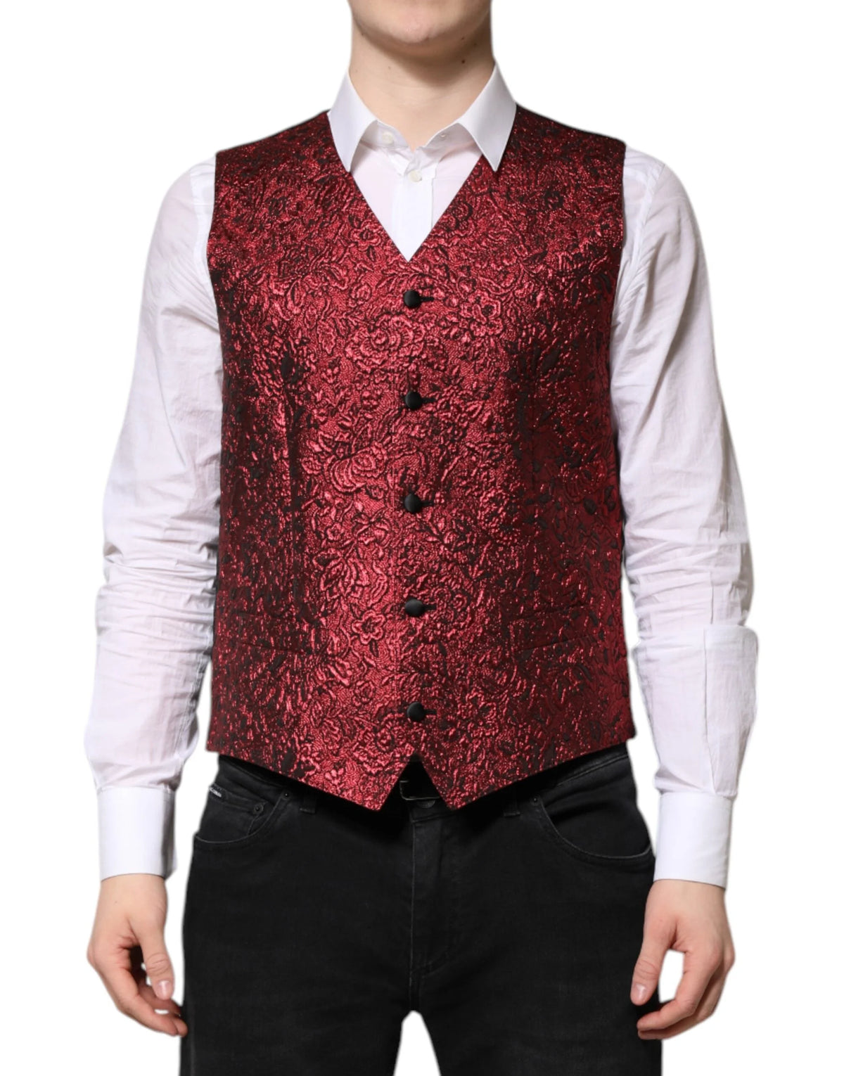 Dolce & Gabbana Red Floral Brocade Formal Men Waistcoat Vest - IT50 | L - Vests