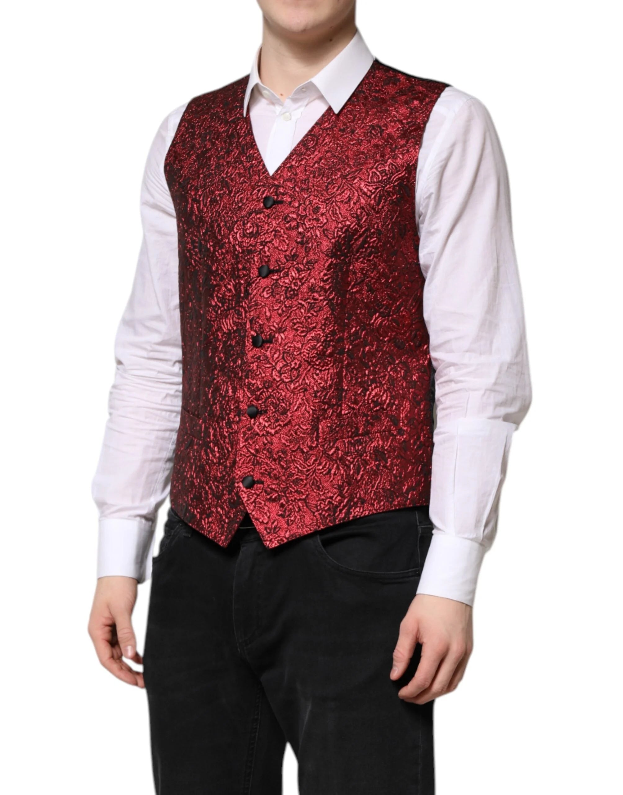 Dolce & Gabbana Red Floral Brocade Formal Men Waistcoat Vest - IT50 | L - Vests