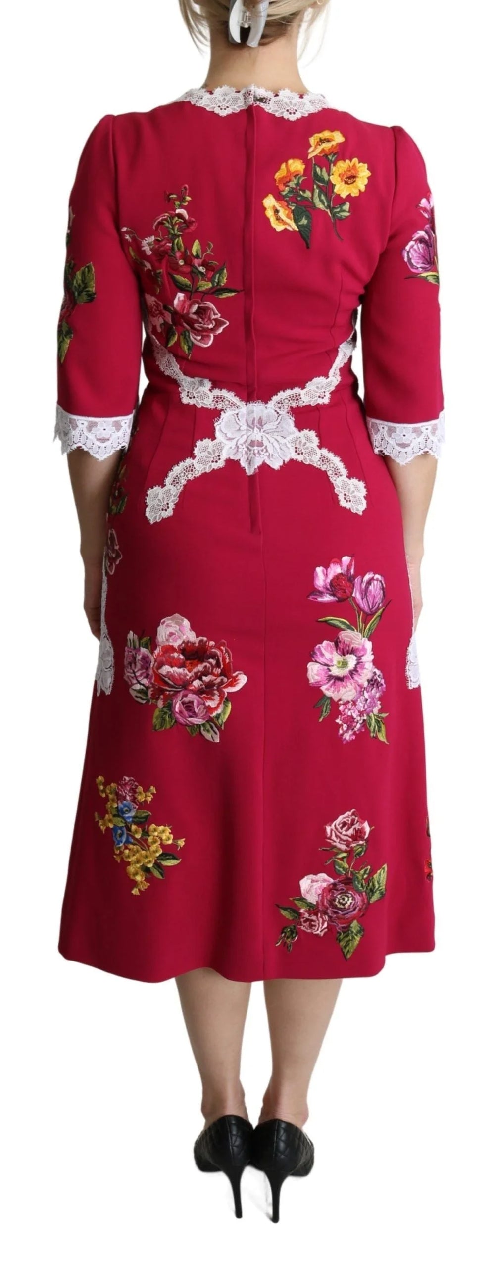 Dolce & Gabbana Red Floral Embroidered Sheath Midi Dress - IT42|M - Dresses