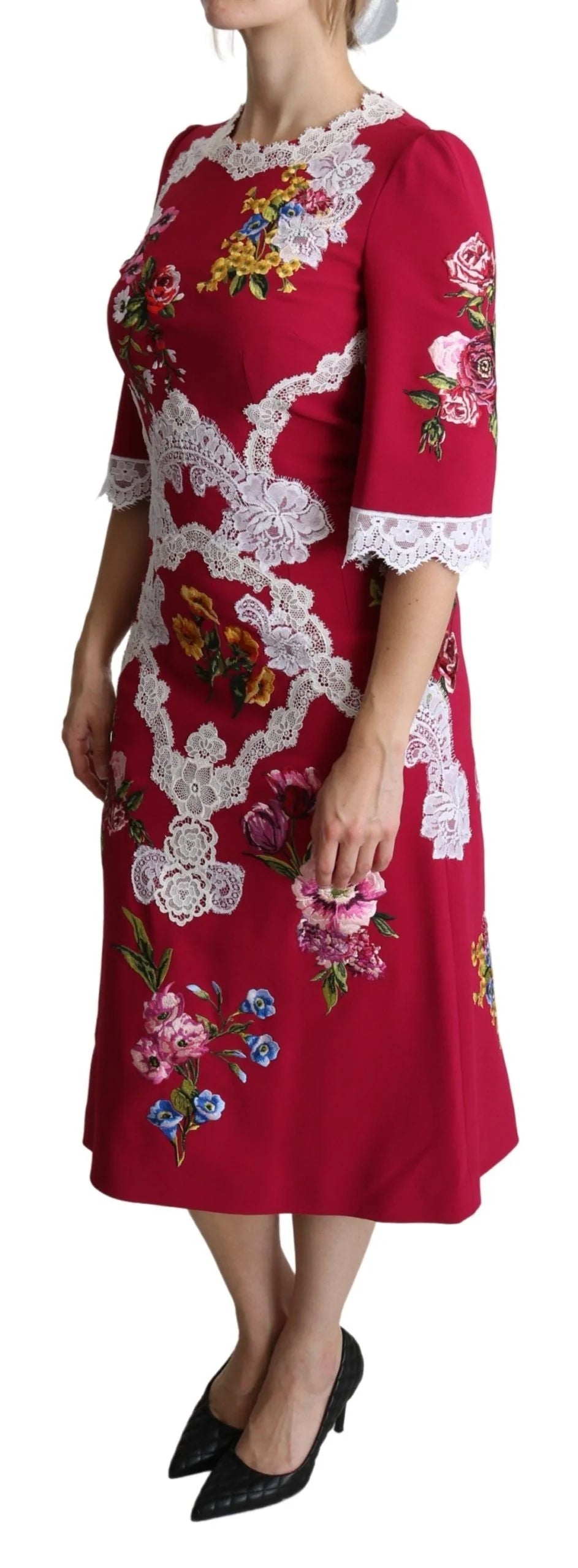 Dolce & Gabbana Red Floral Embroidered Sheath Midi Dress - IT42|M - Dresses