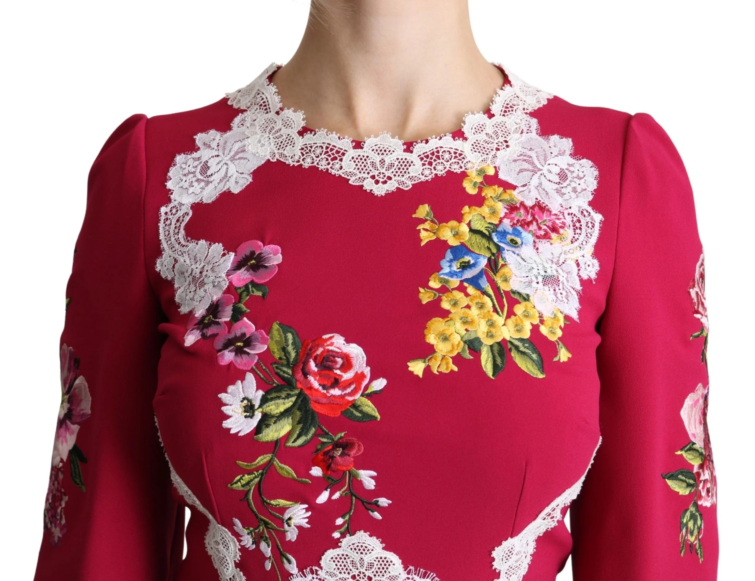 Dolce & Gabbana Red Floral Embroidered Sheath Midi Dress - IT42|M - Dresses