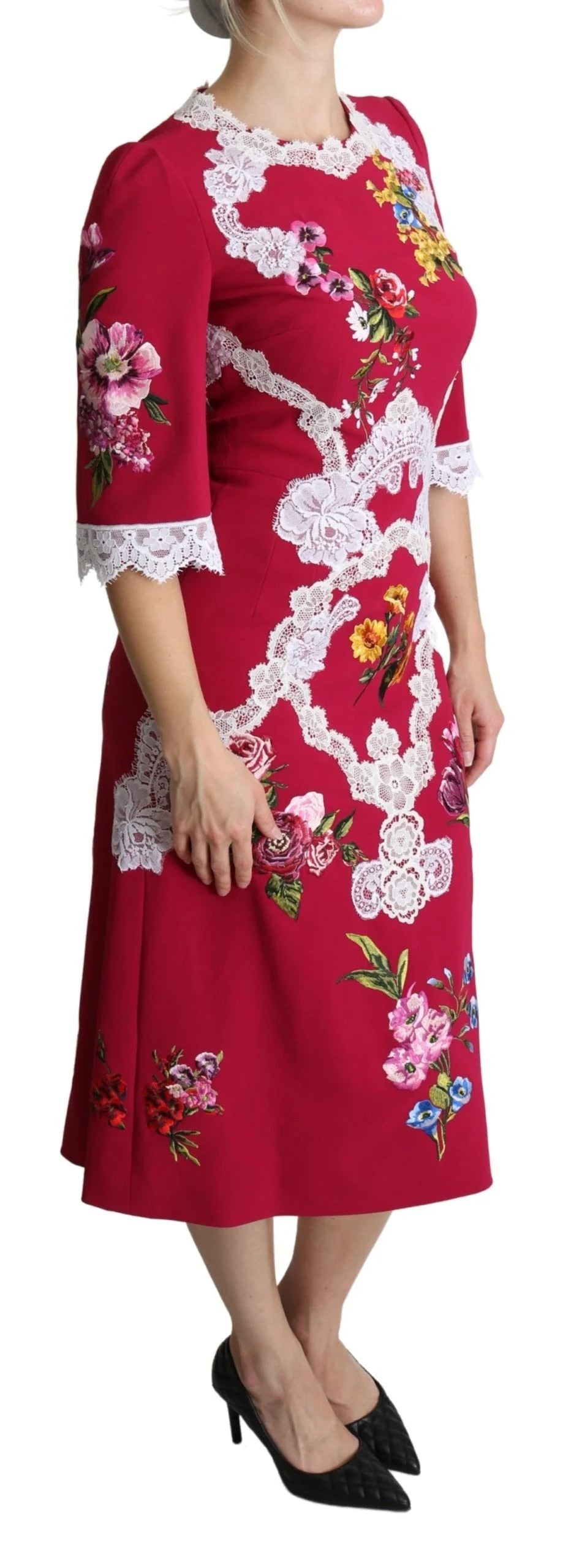 Dolce & Gabbana Red Floral Embroidered Sheath Midi Dress - IT42|M - Dresses