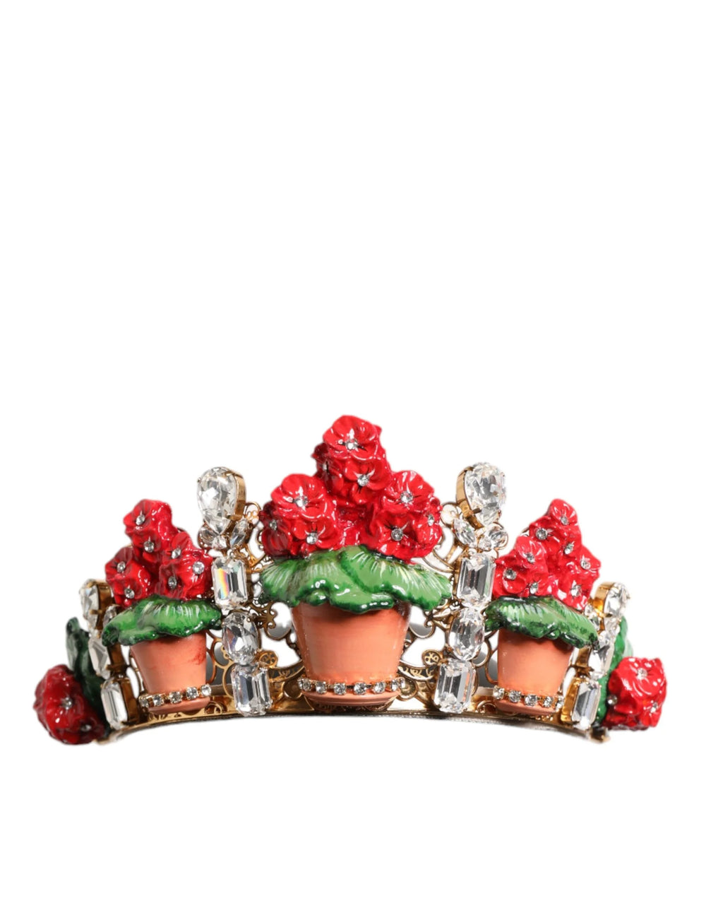 Dolce & Gabbana Red Floral Flowerpot Crystal Gold Crown Tiara Headband - Headbands