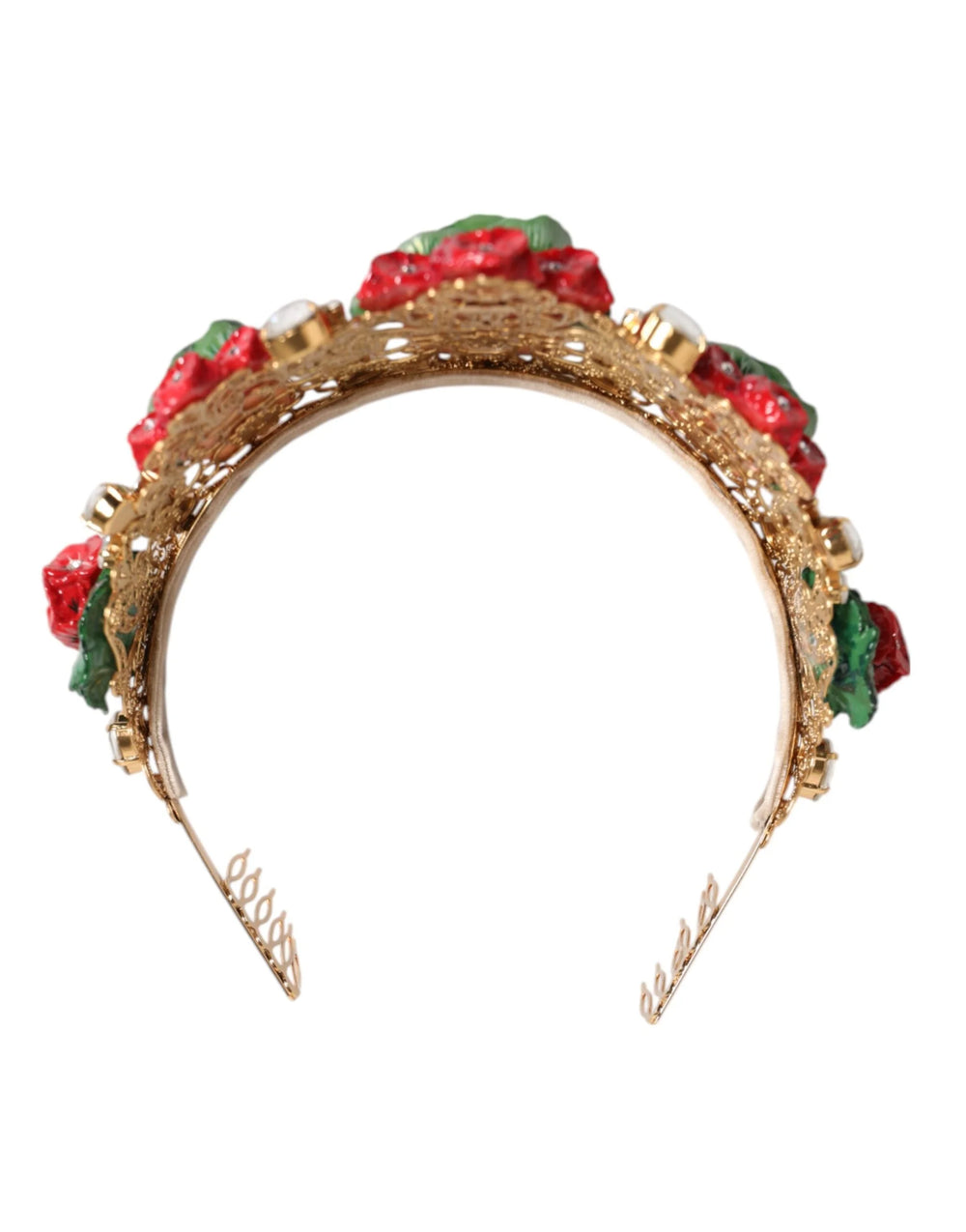 Dolce & Gabbana Red Floral Flowerpot Crystal Gold Crown Tiara Headband - Headbands